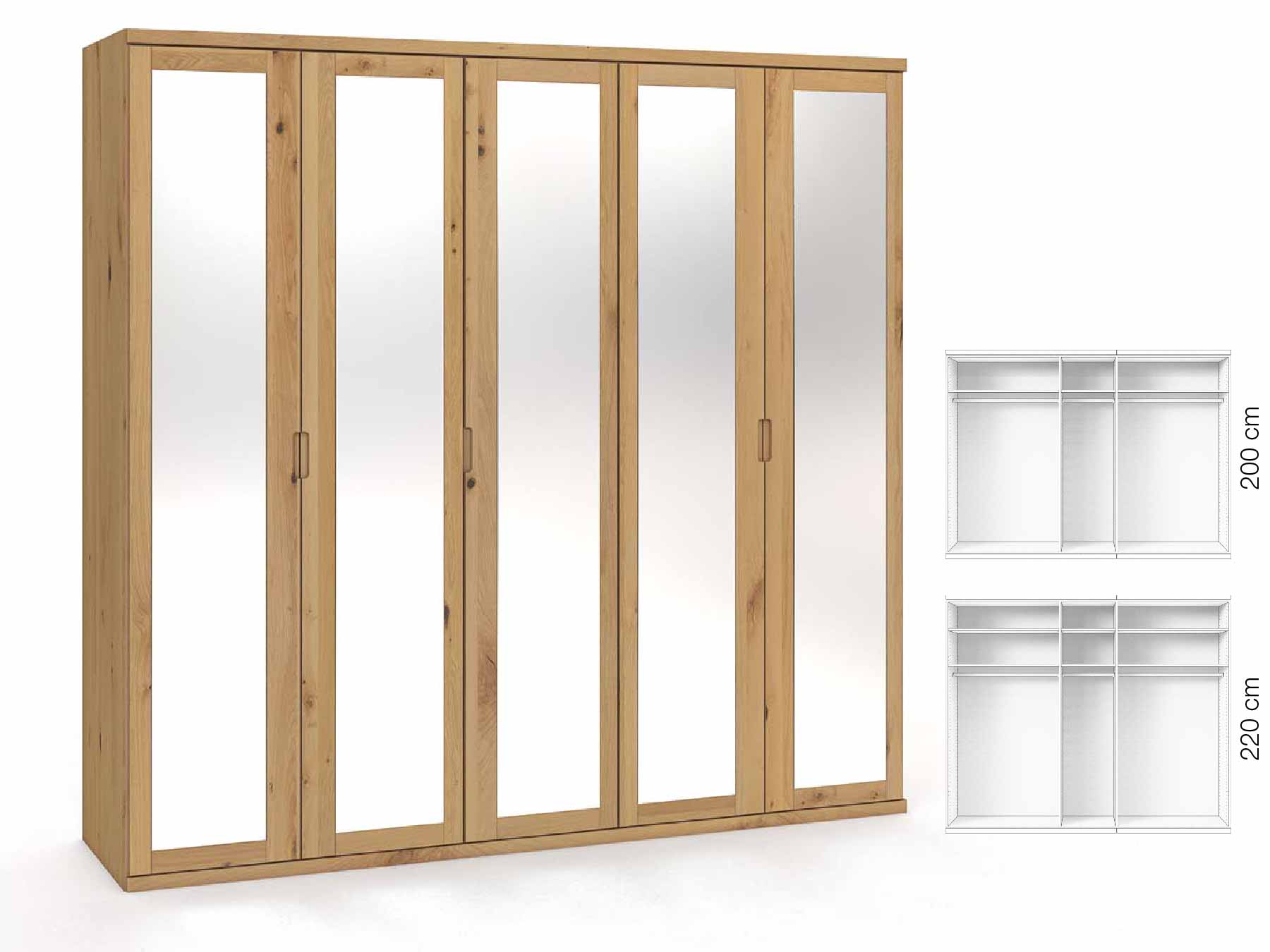 Wildeichenschrank Hell „Sandra“, 5-türig, Höhe 220 cm, Griffausführung „Lukas“, Inneneinrichtung: A
