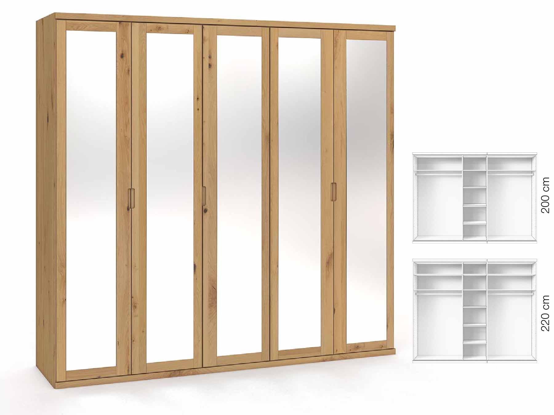Wildeichenschrank Hell „Sandra“, 5-türig, Höhe 220 cm, Griffausführung „Lukas“, Inneneinrichtung: B