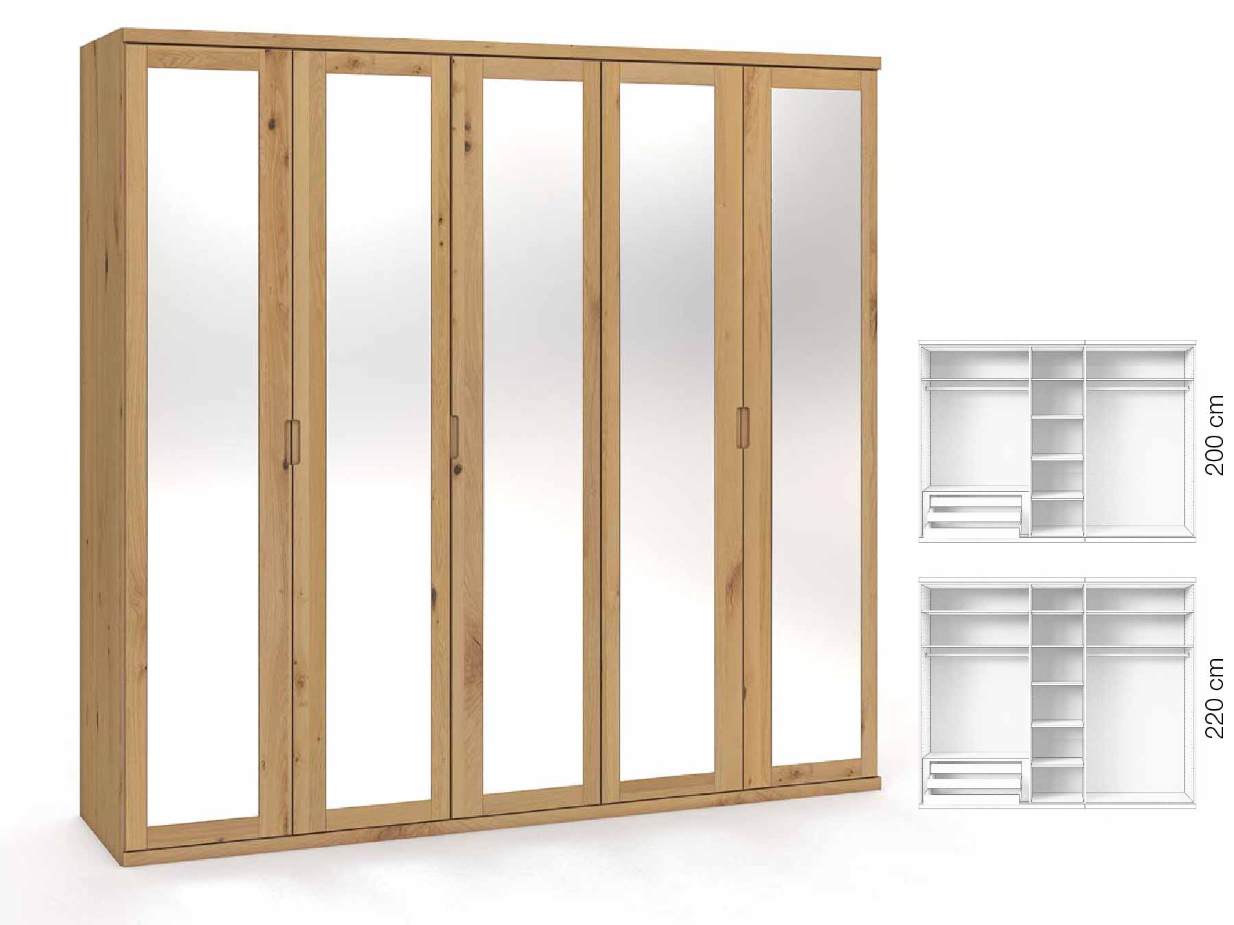 Wildeichenschrank Hell „Sandra“, 5-türig, Höhe 220 cm, Griffausführung „Lukas“, Inneneinrichtung: C