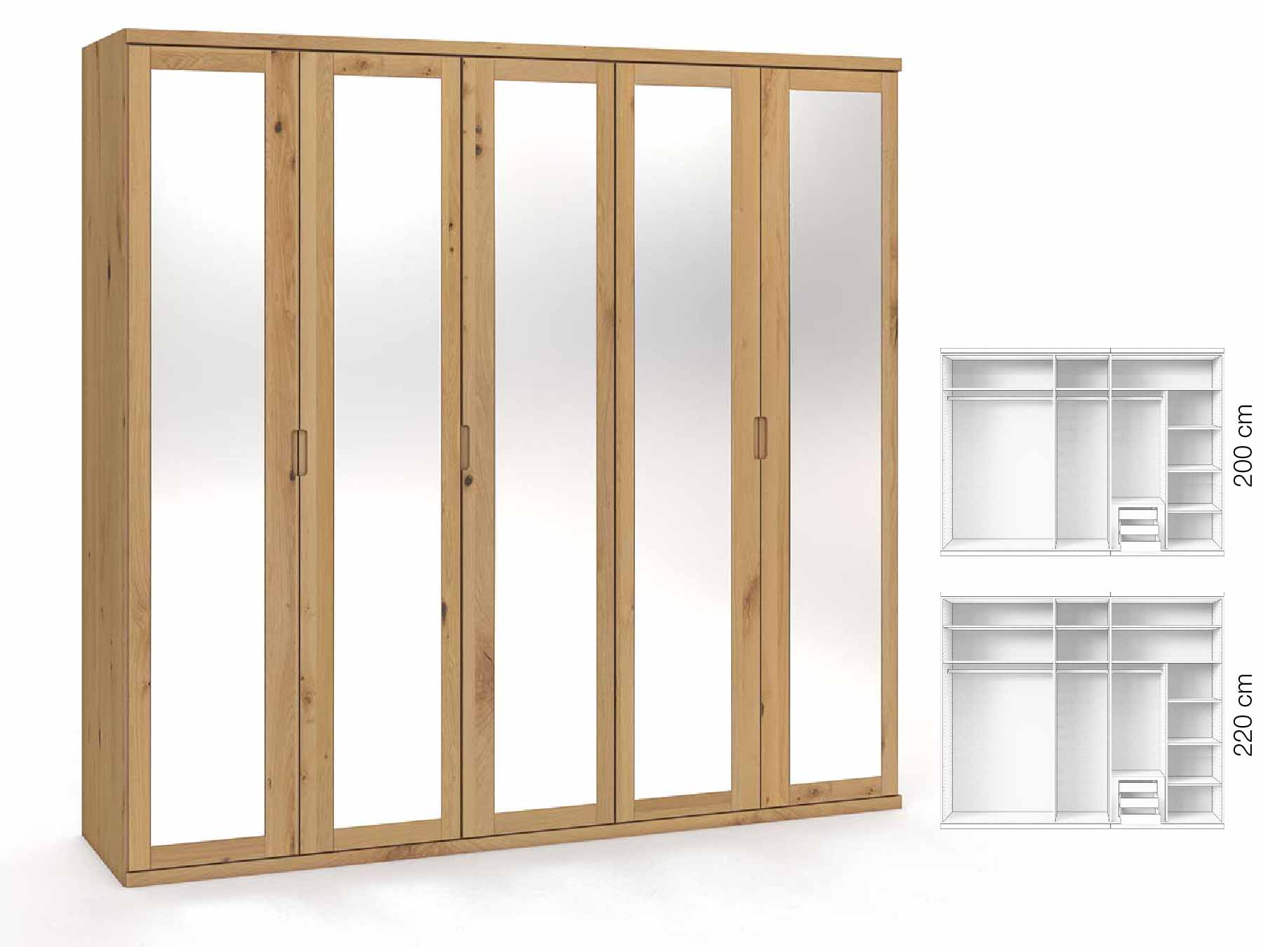 Wildeichenschrank Hell „Sandra“, 5-türig, Höhe 220 cm, Griffausführung „Lukas“, Inneneinrichtung: D
