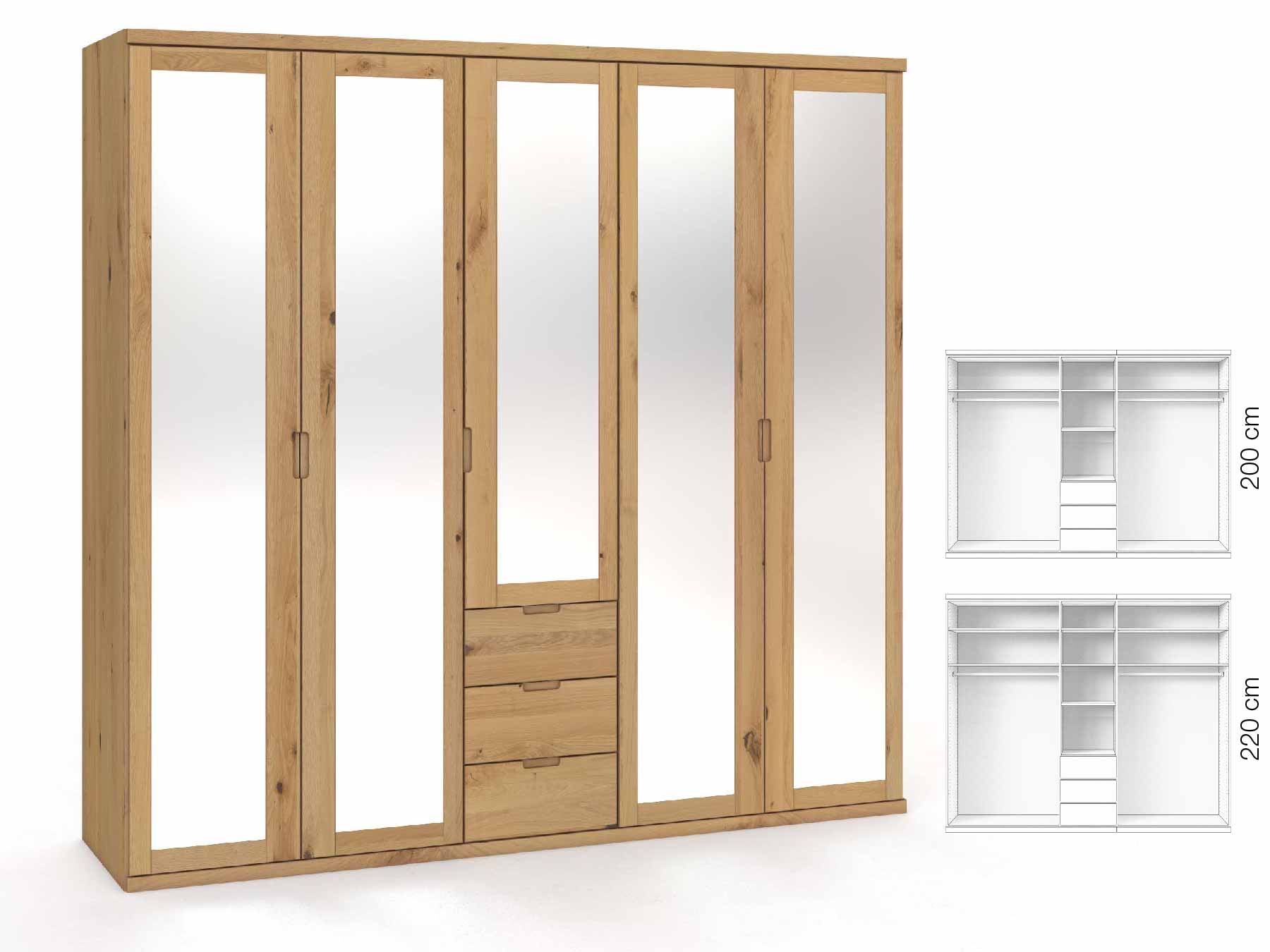 Wildeichenschrank Hell „Sandra“, 5-türig, Höhe 220 cm, Griffausführung „Lukas“, Inneneinrichtung: E