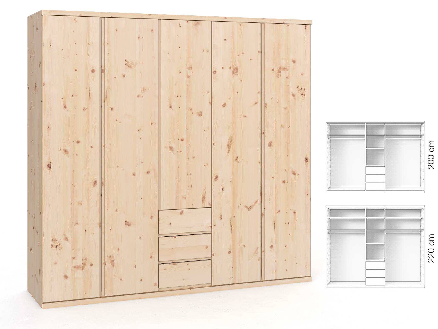 Zirbenschrank „Romana“, 5-türig, Höhe 220 ​cm, Griffausführung „Patrizia“, Inneneinrichtung: E
