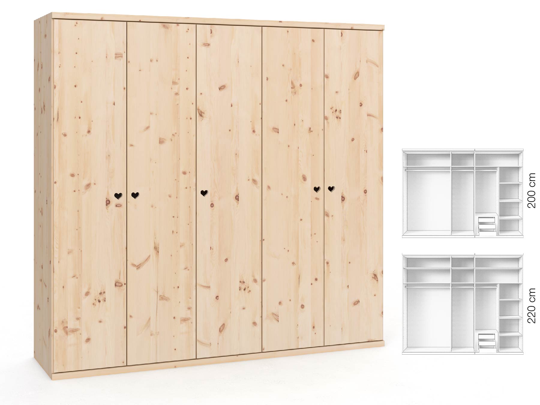 Zirbenschrank „Romana“, 5-türig, Höhe 220 ​cm, Griffausführung „Heidi“, Inneneinrichtung: D