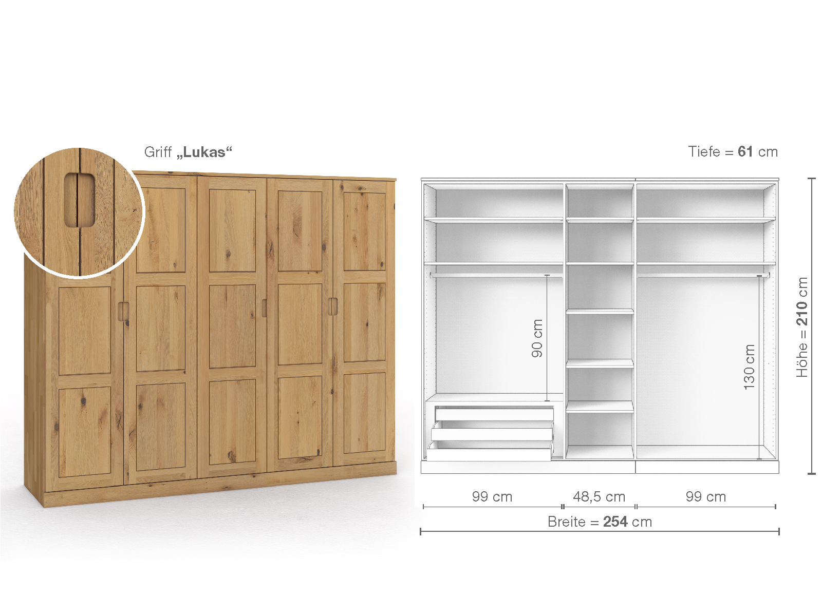 Schrank „Enzian“ aus Wildeiche Hell, 5-türig, Höhe 210 cm, Griffausführung „Lukas“, Inneneinrichtung C