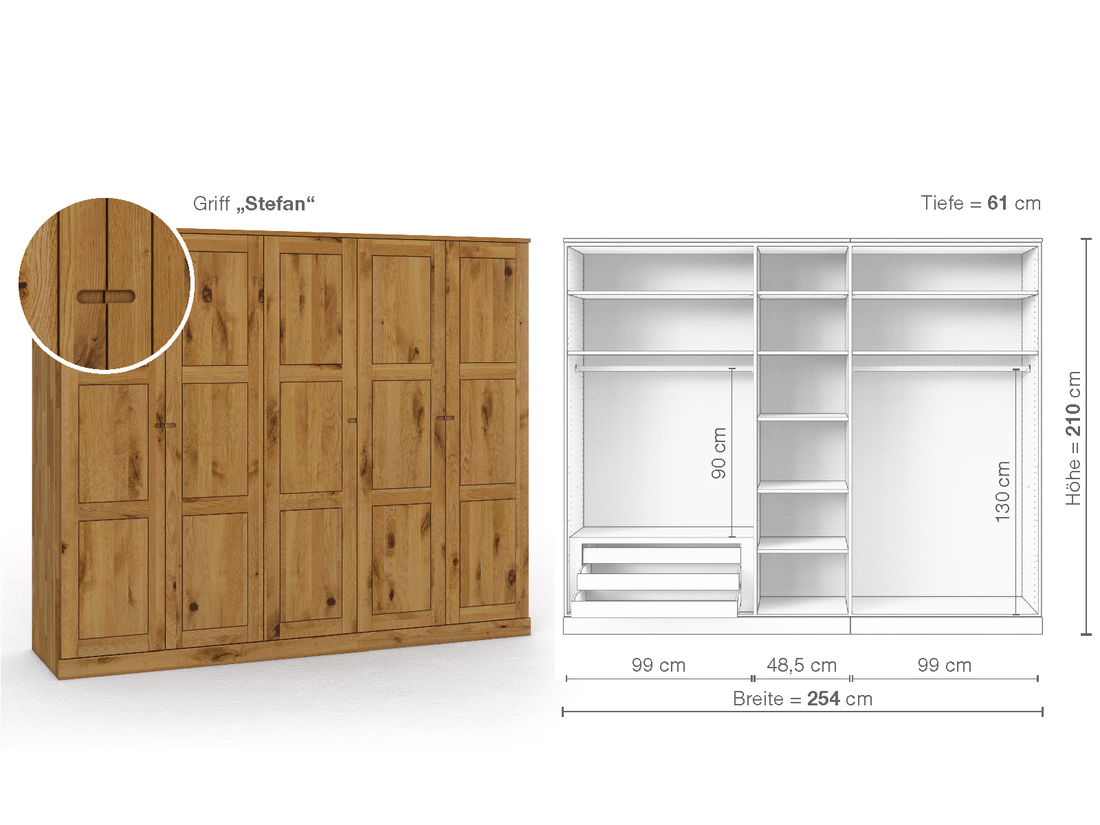 Schrank „Enzian“ aus Wildeiche, 5-türig, Höhe 210 cm, Griffausführung „Stefan“, Inneneinrichtung C