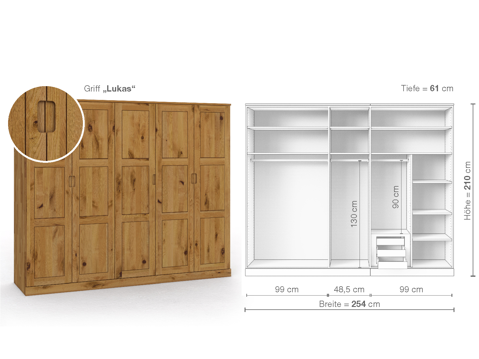 Schrank „Enzian“ aus Wildeiche, 5-türig, Höhe 210 cm, Griffausführung „Lukas“, Inneneinrichtung D