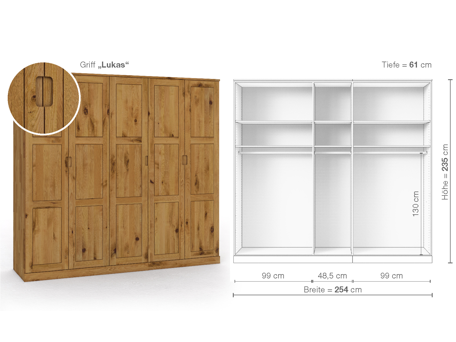 Schrank „Enzian“ aus Wildeiche, 5-türig, Höhe 235 cm, Griffausführung „Lukas“, Inneneinrichtung A