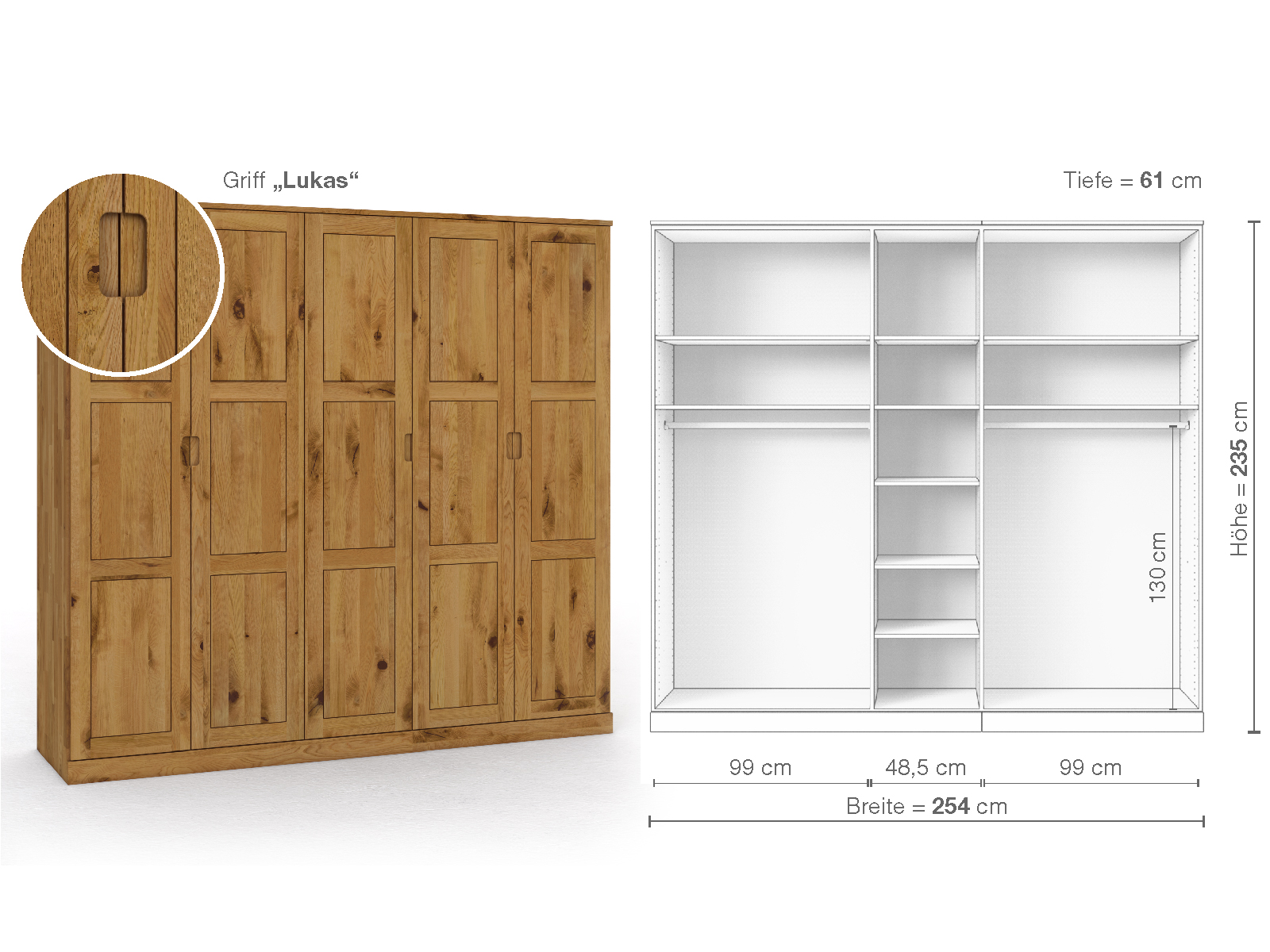 Schrank „Enzian“ aus Wildeiche, 5-türig, Höhe 235 cm, Griffausführung „Lukas“, Inneneinrichtung B