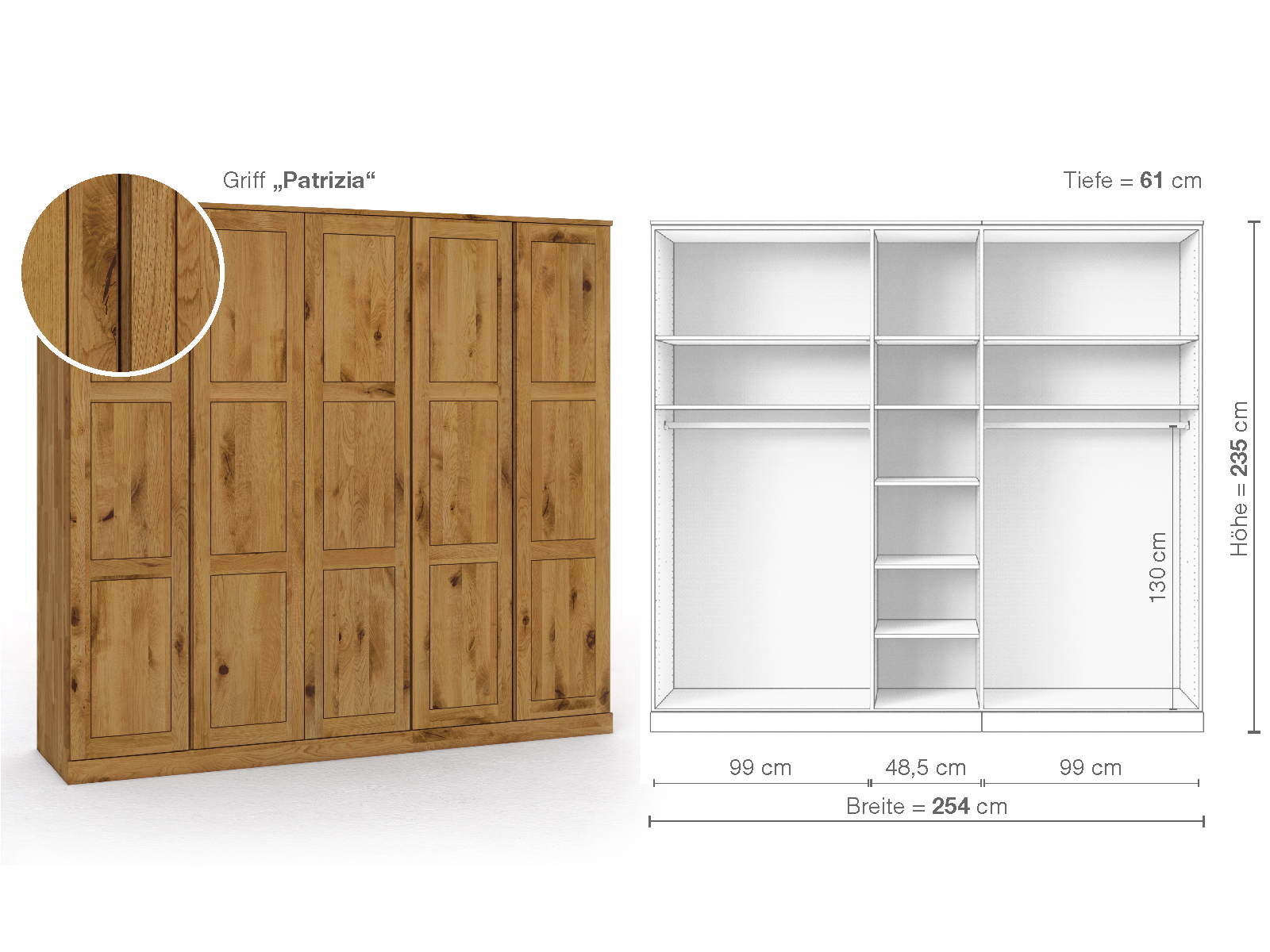 Schrank „Enzian“ aus Wildeiche, 5-türig, Höhe 235 cm, Griffausführung „Patrizia“, Inneneinrichtung B