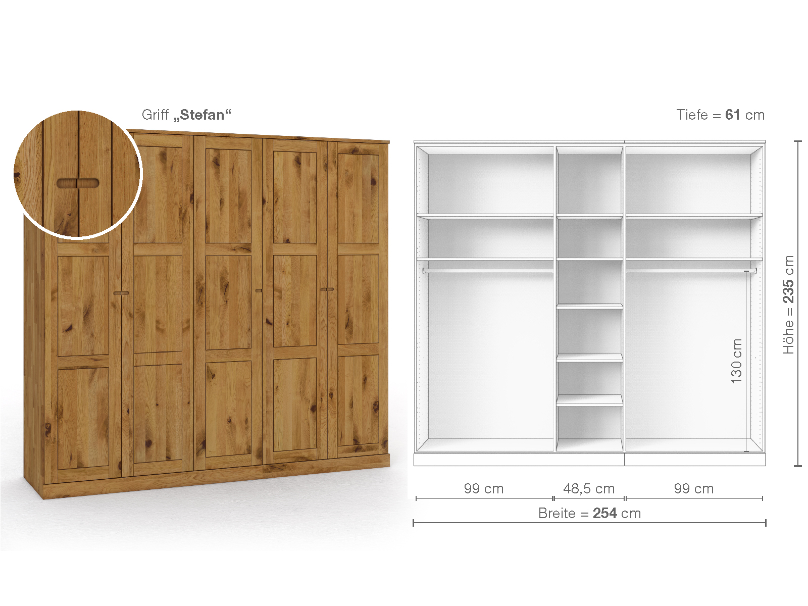 Schrank „Enzian“ aus Wildeiche, 5-türig, Höhe 235 cm, Griffausführung „Stefan“, Inneneinrichtung B