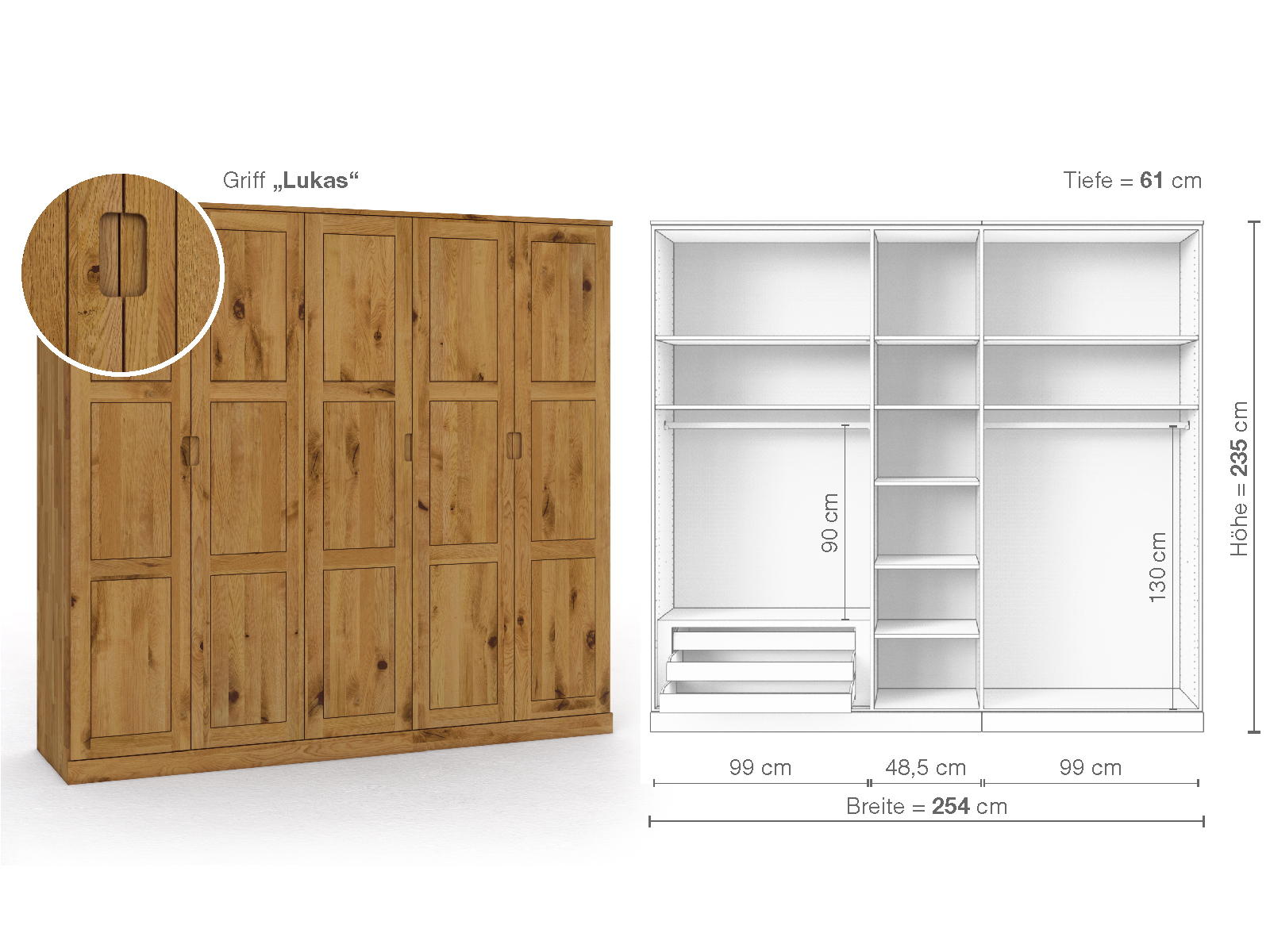 Schrank „Enzian“ aus Wildeiche, 5-türig, Höhe 235 cm, Griffausführung „Lukas“, Inneneinrichtung C