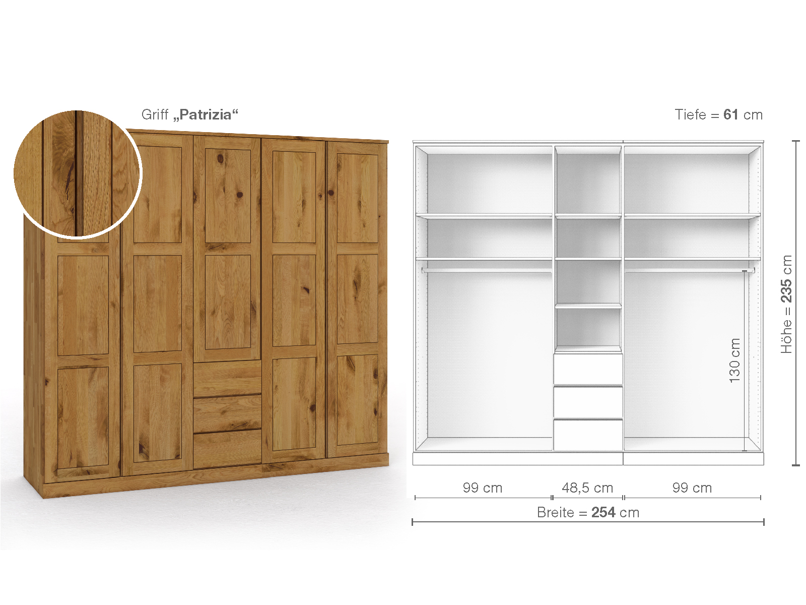 Schrank „Enzian“ aus Wildeiche, 5-türig, Höhe 235 cm, Griffausführung „Patrizia“, Inneneinrichtung E