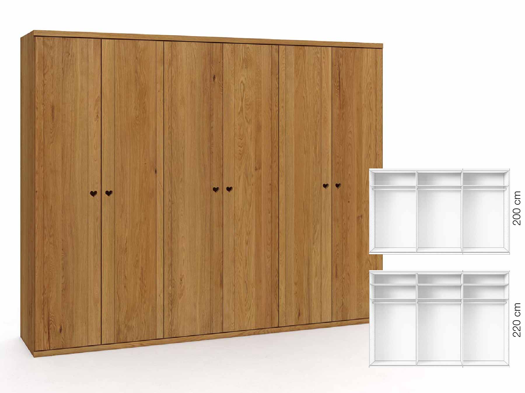 Eichenschrank „Egon“, 6-türig, Höhe 220 cm, Griffausführung „Heidi“, Inneneinrichtung: A