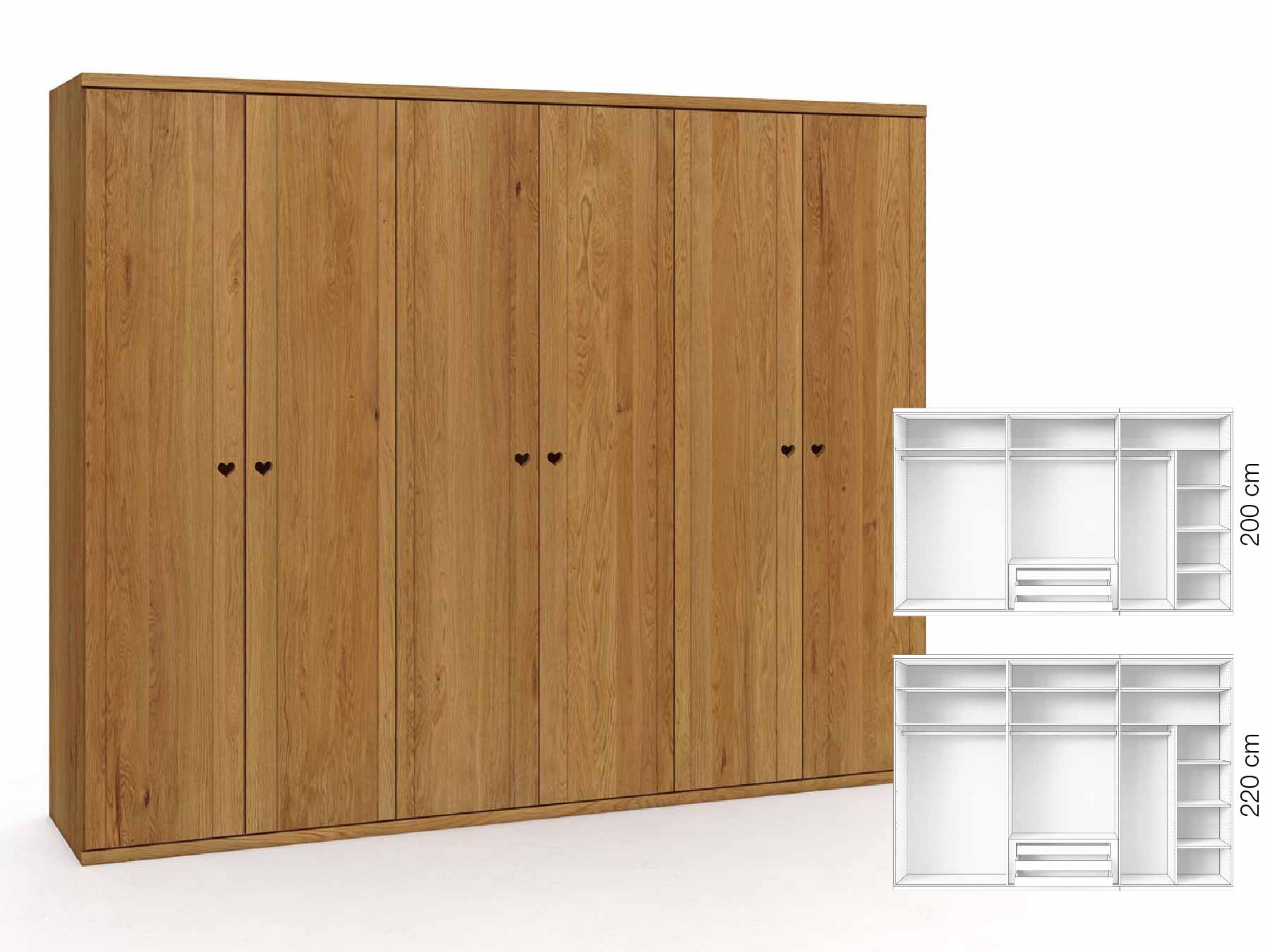 Eichenschrank „Egon“, 6-türig, Höhe 220 cm, Griffausführung „Heidi“, Inneneinrichtung: B