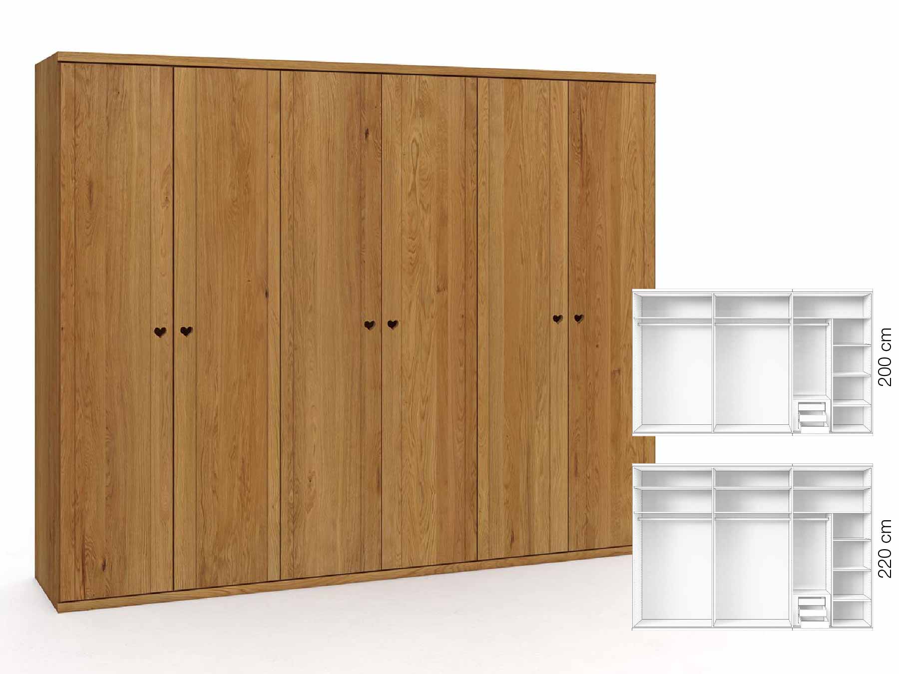 Eichenschrank „Egon“, 6-türig, Höhe 220 cm, Griffausführung „Heidi“, Inneneinrichtung: C