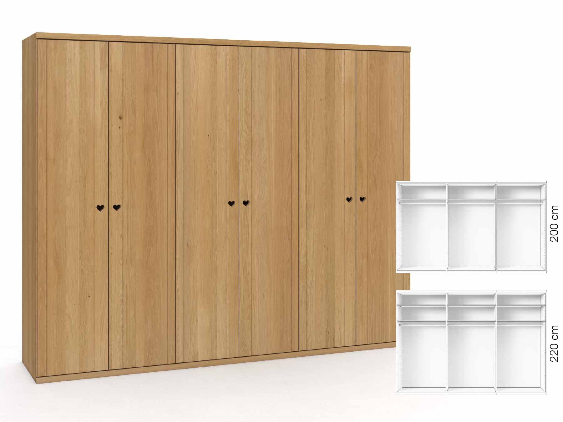 Eichenschrank Hell „Egon“, 6-türig, Höhe 220 cm, Griffausführung „Heidi“, Inneneinrichtung: A