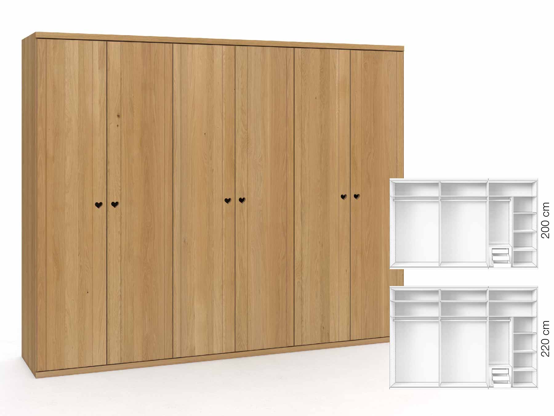 Eichenschrank Hell „Egon“, 6-türig, Höhe 220 cm, Griffausführung „Heidi“, Inneneinrichtung: C