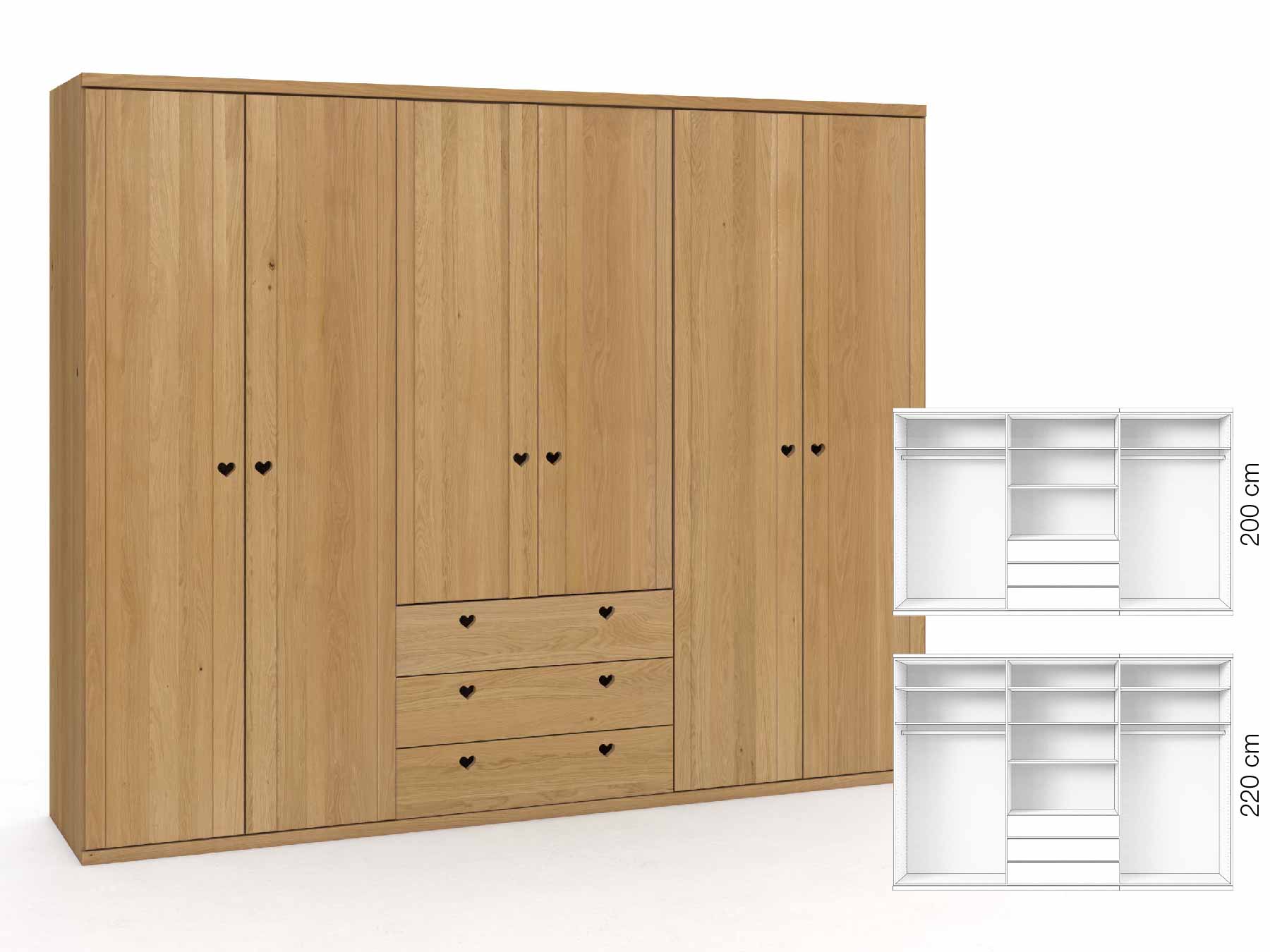 Eichenschrank Hell „Egon“, 6-türig, Höhe 220 cm, Griffausführung „Heidi“, Inneneinrichtung: D
