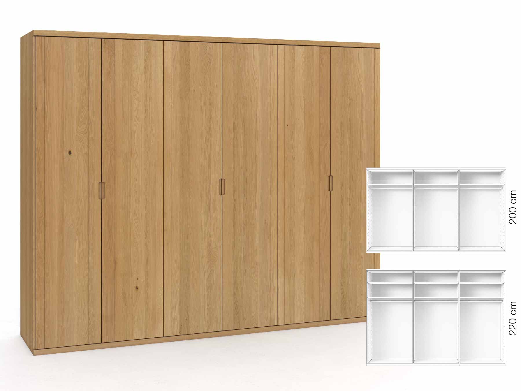 Eichenschrank Hell „Egon“, 6-türig, Höhe 220 cm, Griffausführung „Lukas“, Inneneinrichtung: A
