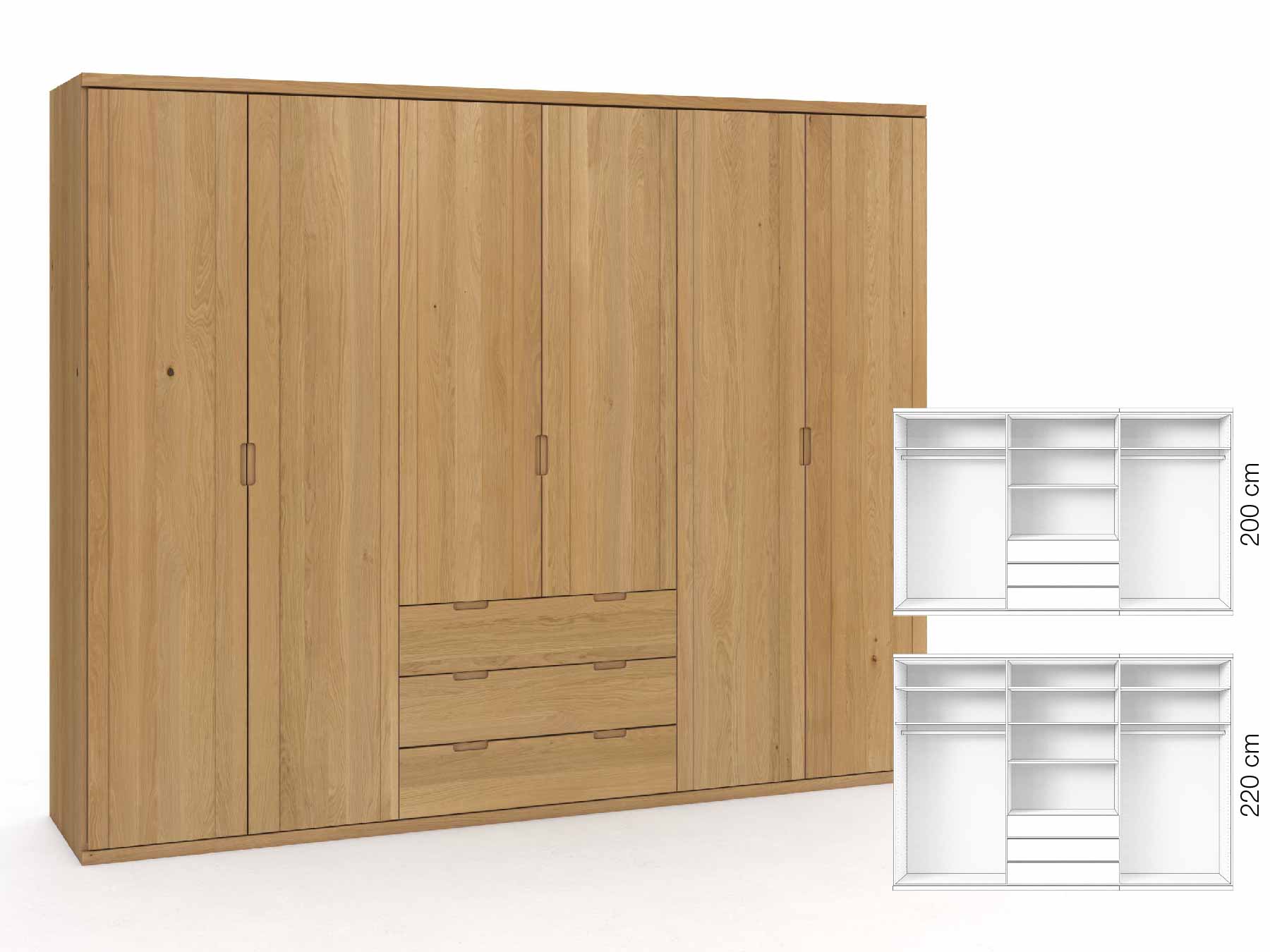 Eichenschrank Hell „Egon“, 6-türig, Höhe 220 cm, Griffausführung „Lukas“, Inneneinrichtung: D