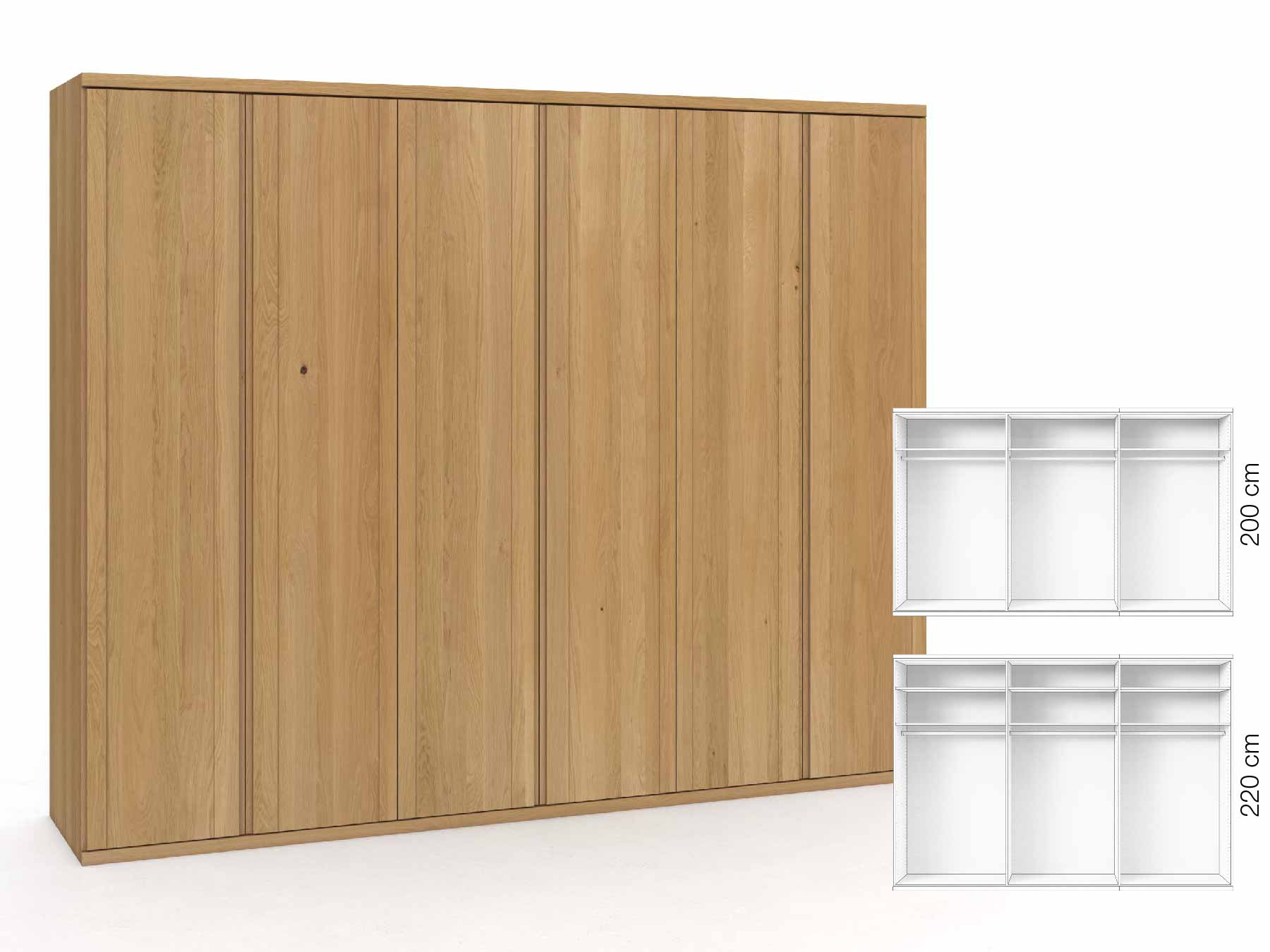 Eichenschrank Hell „Egon“, 6-türig, Höhe 220 cm, Griffausführung „Patrizia“, Inneneinrichtung: A