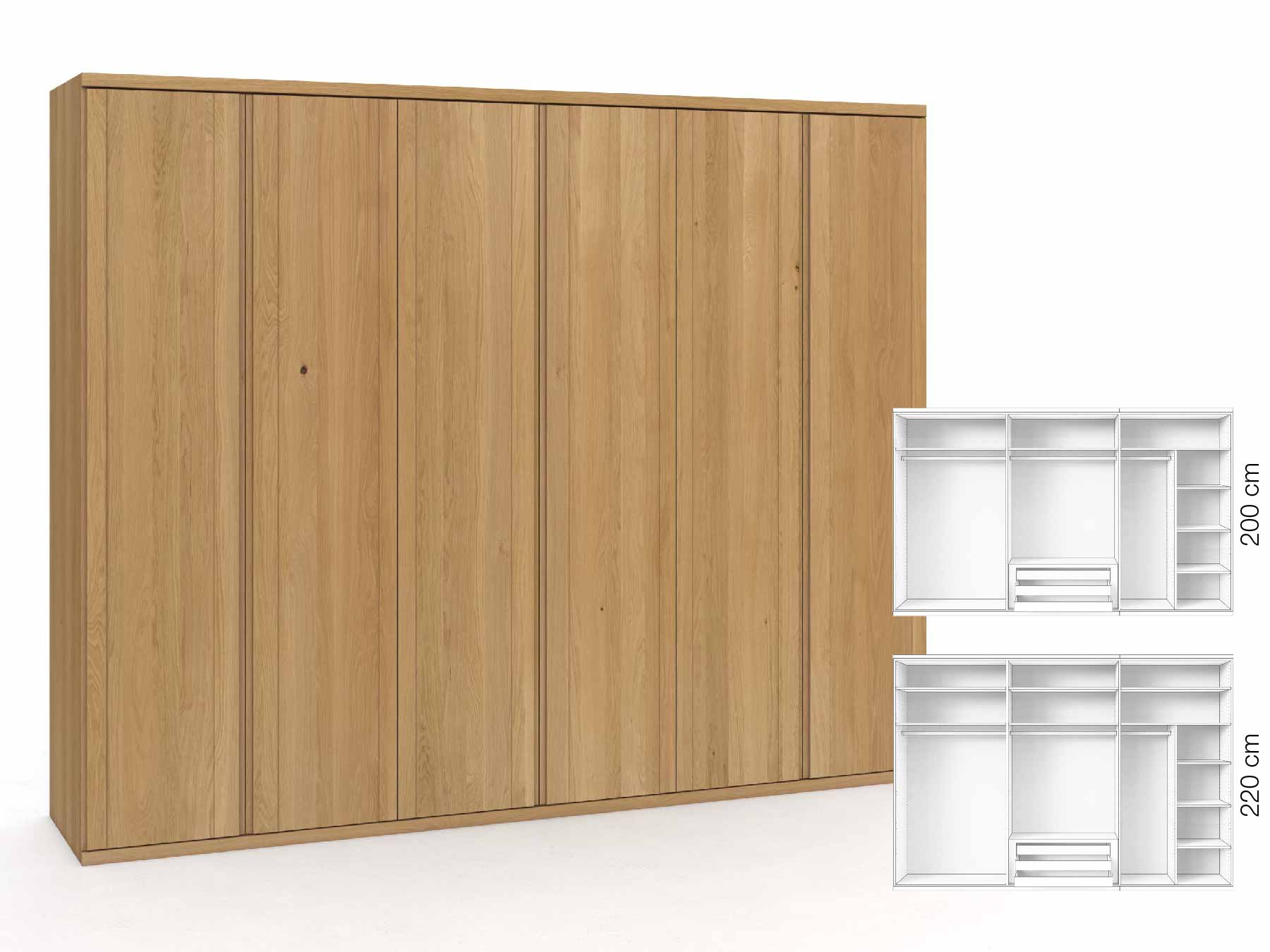 Eichenschrank Hell „Egon“, 6-türig, Höhe 220 cm, Griffausführung „Patrizia“, Inneneinrichtung: B