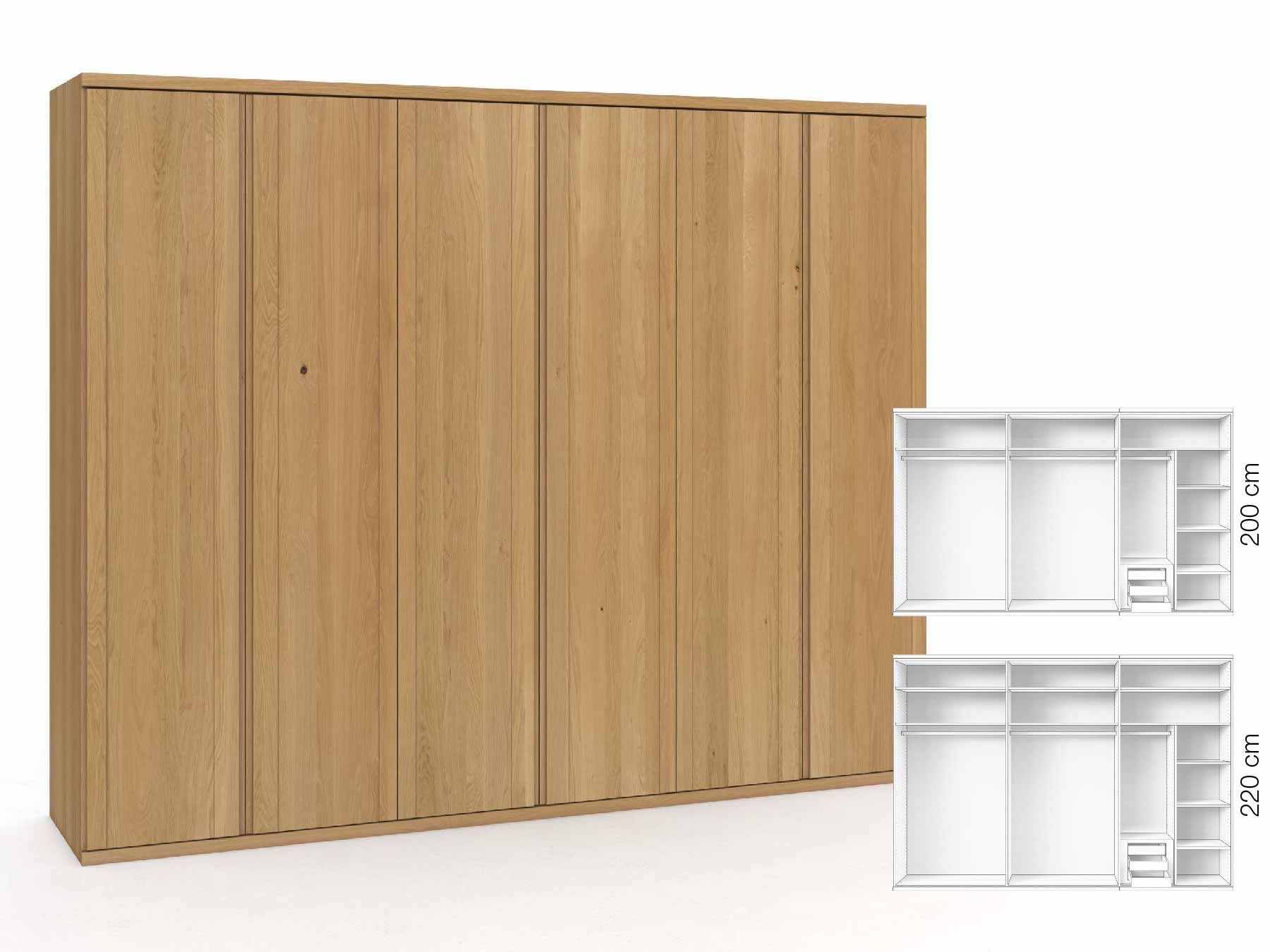 Eichenschrank Hell „Egon“, 6-türig, Höhe 220 cm, Griffausführung „Patrizia“, Inneneinrichtung: C