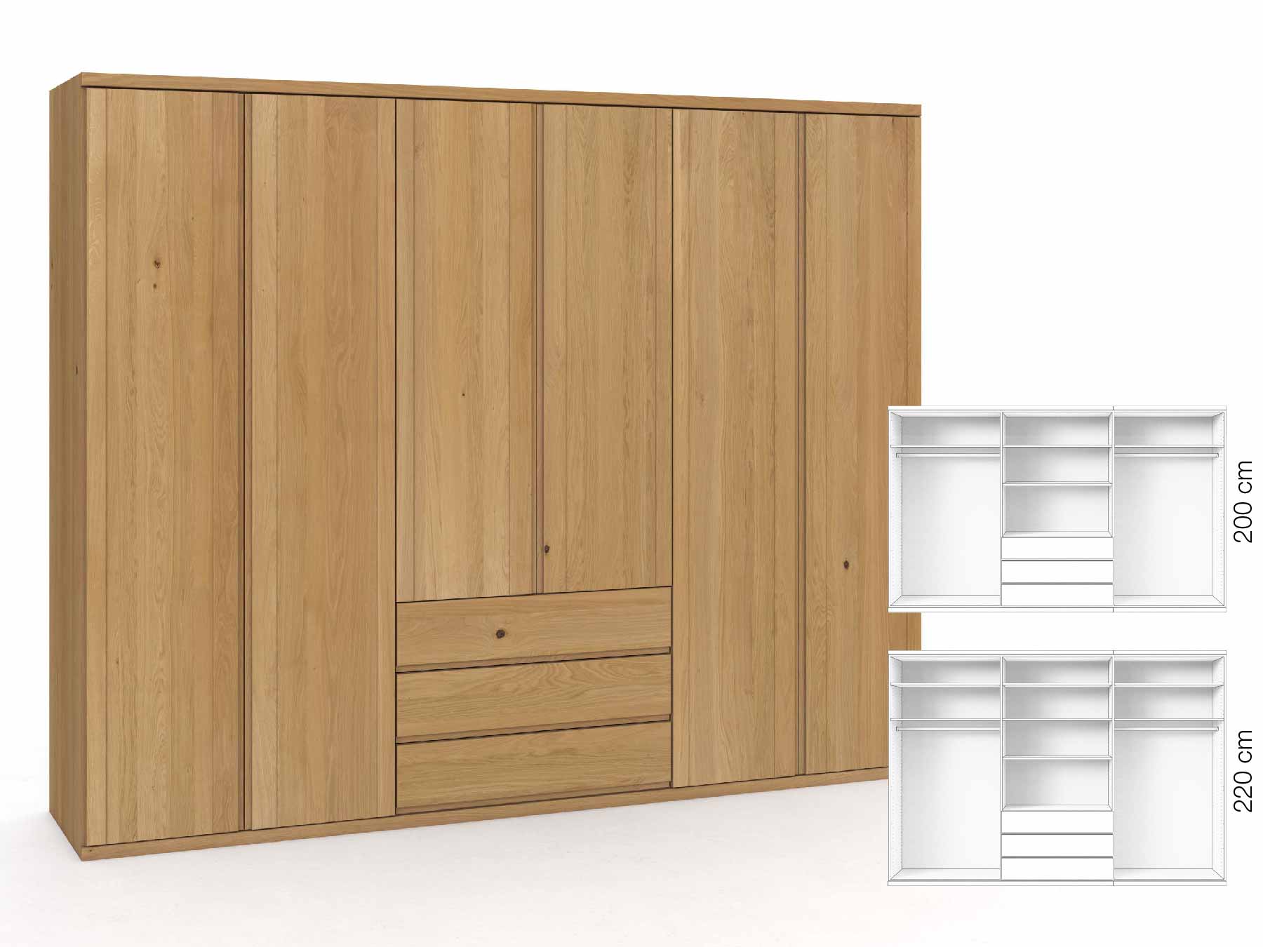 Eichenschrank Hell „Egon“, 6-türig, Höhe 220 cm, Griffausführung „Patrizia“, Inneneinrichtung: D