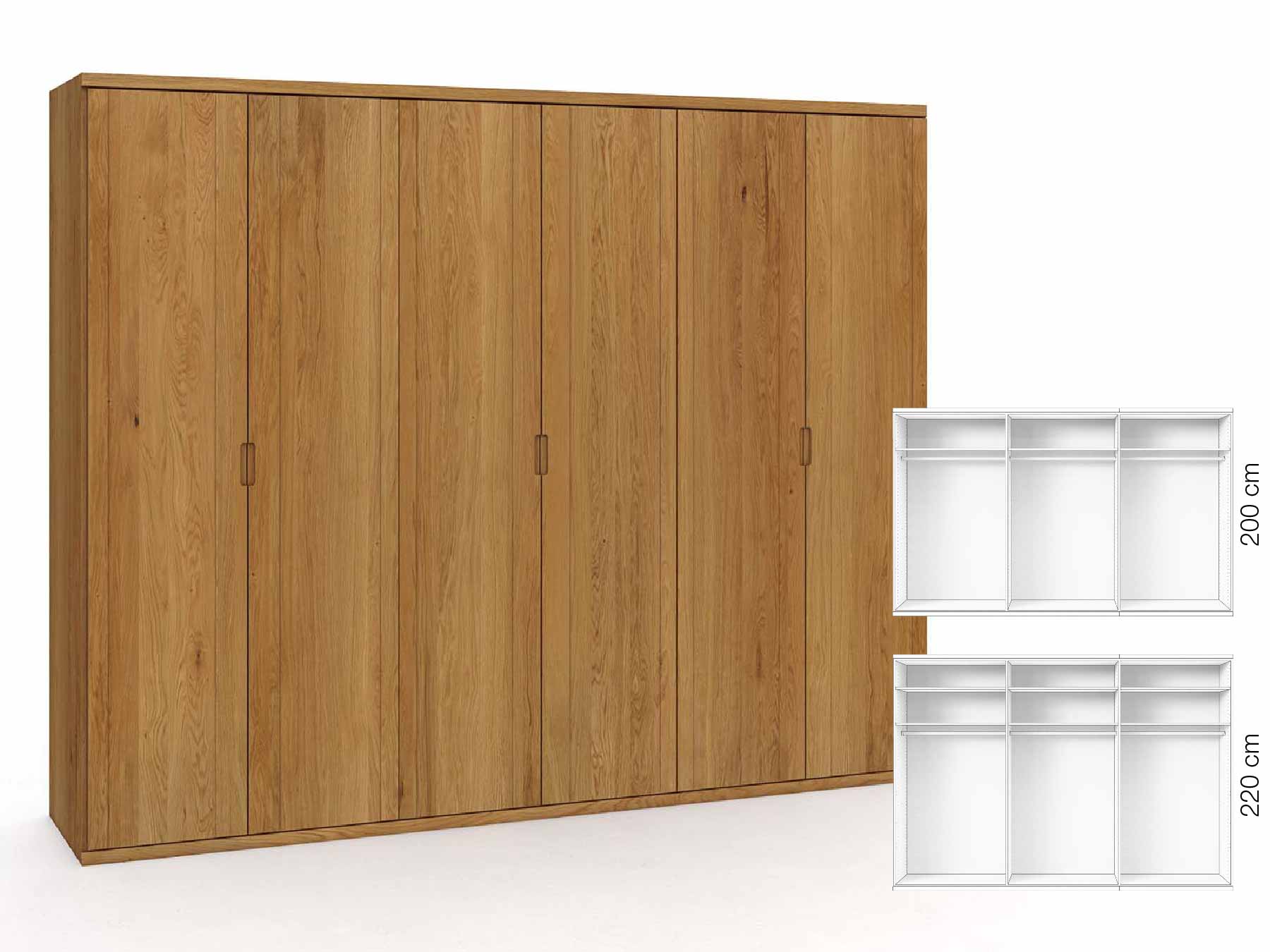 Eichenschrank „Egon“, 6-türig, Höhe 220 cm, Griffausführung „Lukas“, Inneneinrichtung: A