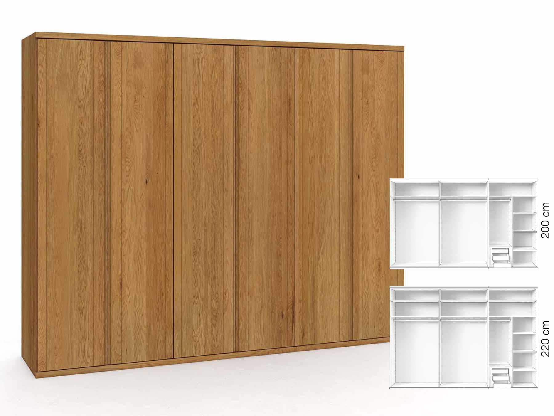 Eichenschrank „Egon“, 6-türig, Höhe 220 cm, Griffausführung „Patrizia“, Inneneinrichtung: C