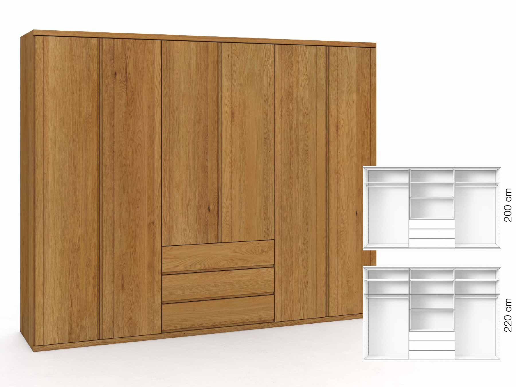 Eichenschrank „Egon“, 6-türig, Höhe 220 cm, Griffausführung „Patrizia“, Inneneinrichtung: D