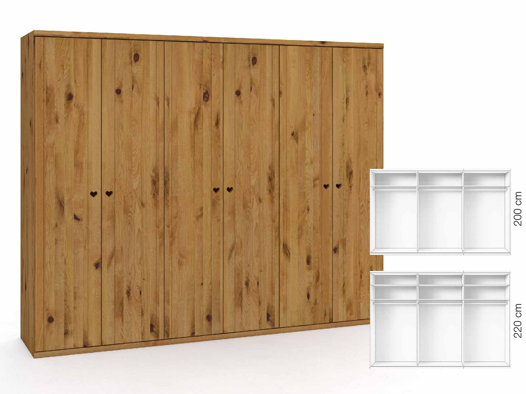 Wildeichenschrank „Egon“, 6-türig, Höhe 220 cm, Griffausführung „Heidi“, Inneneinrichtung: A