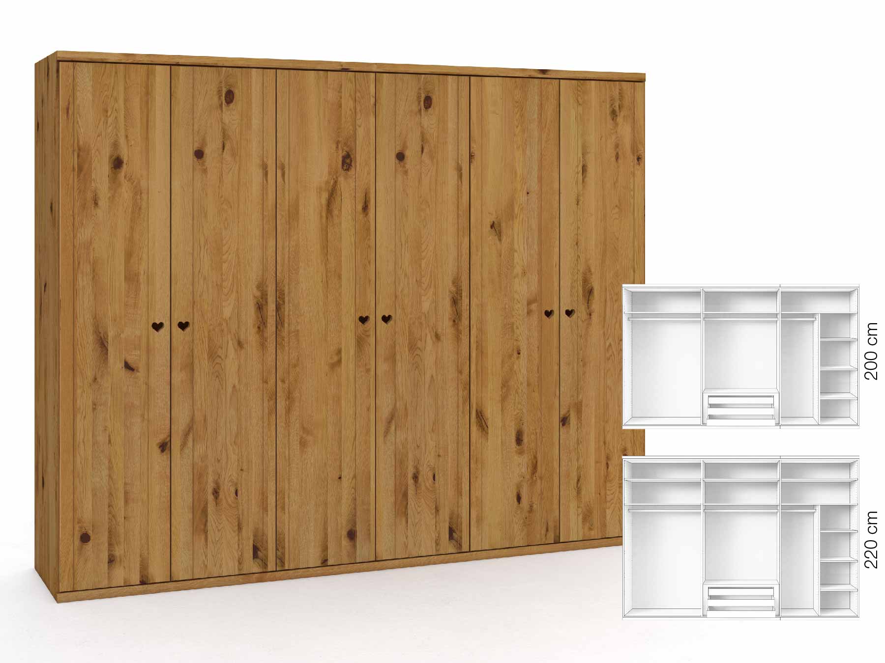 Wildeichenschrank „Egon“, 6-türig, Höhe 220 cm, Griffausführung „Heidi“, Inneneinrichtung: B