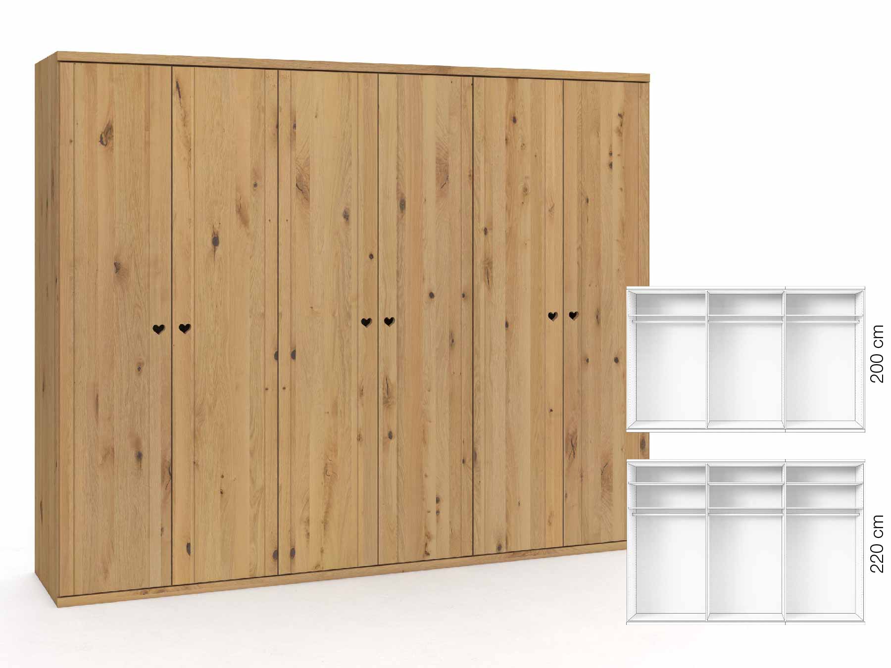 Wildeichenschrank Hell „Egon“, 6-türig, Höhe 220 cm, Griffausführung „Heidi“, Inneneinrichtung: A