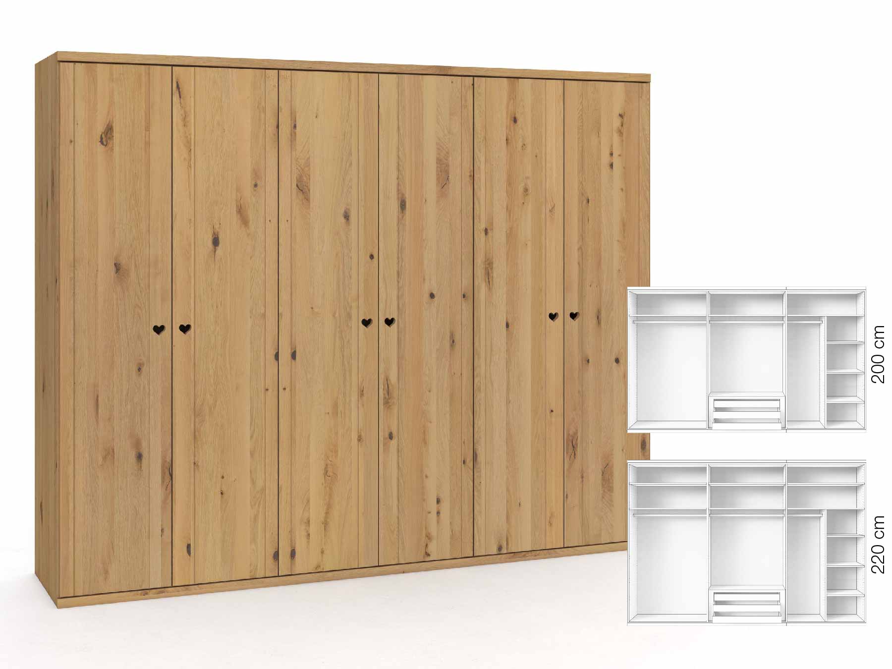 Wildeichenschrank Hell „Egon“, 6-türig, Höhe 220 cm, Griffausführung „Heidi“, Inneneinrichtung: B