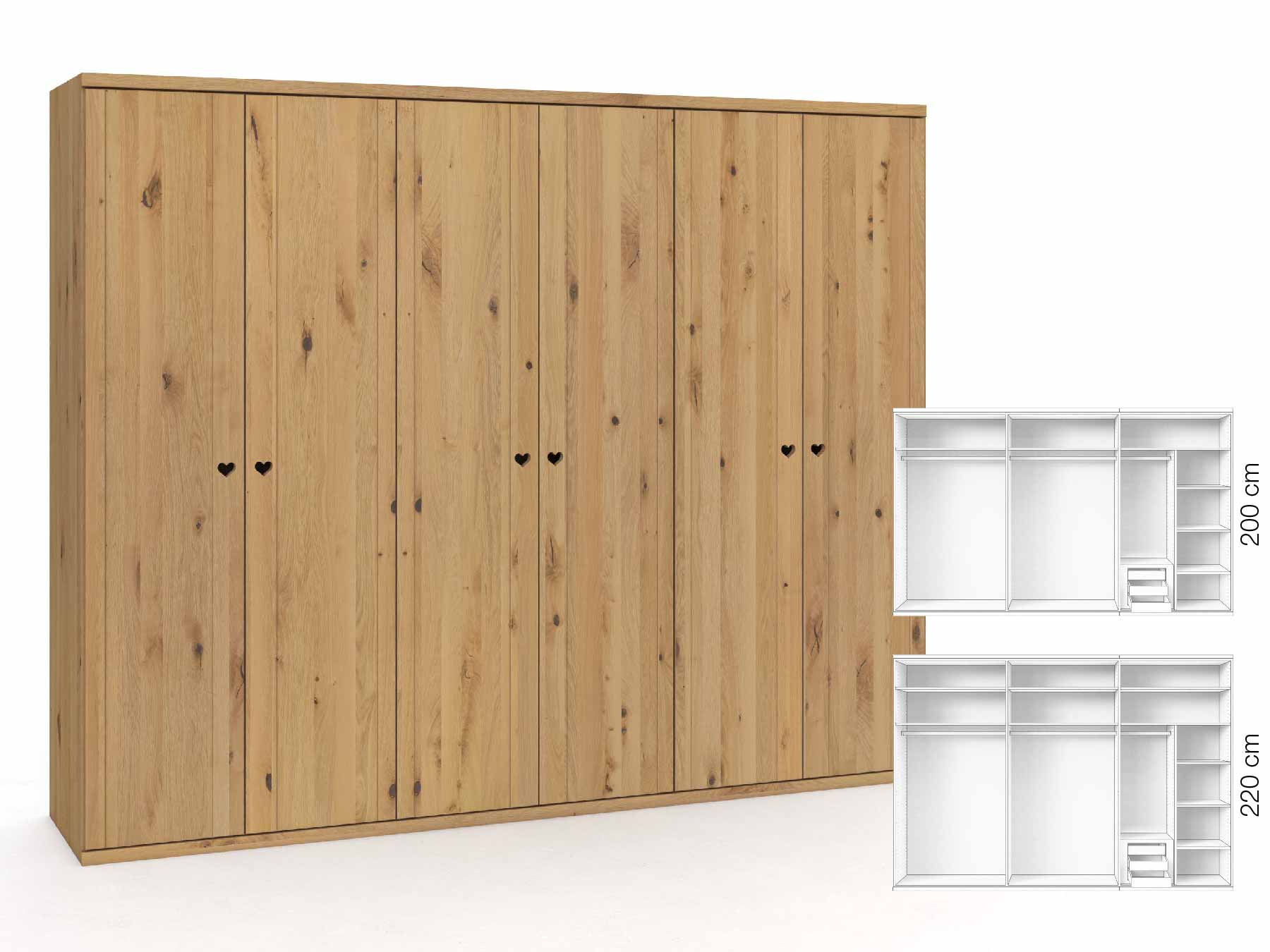 Wildeichenschrank Hell „Egon“, 6-türig, Höhe 220 cm, Griffausführung „Heidi“, Inneneinrichtung: C