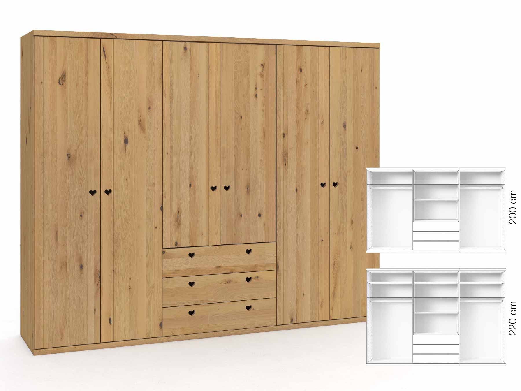 Wildeichenschrank Hell „Egon“, 6-türig, Höhe 220 cm, Griffausführung „Heidi“, Inneneinrichtung: D