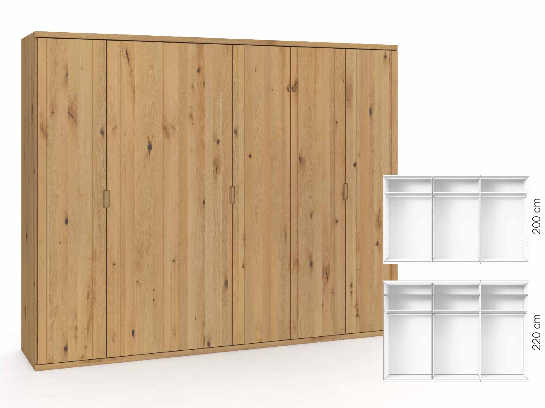 Wildeichenschrank Hell „Egon“, 6-türig, Höhe 220 cm, Griffausführung „Lukas“, Inneneinrichtung: A