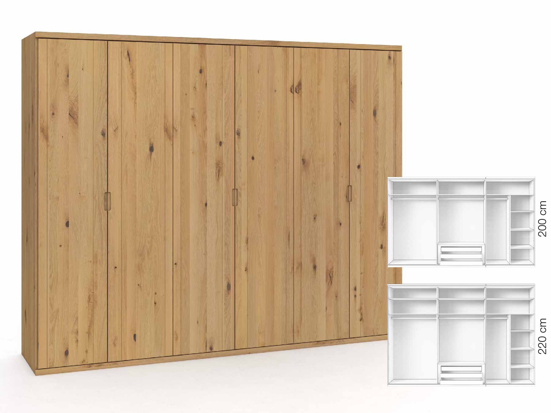 Wildeichenschrank Hell „Egon“, 6-türig, Höhe 220 cm, Griffausführung „Lukas“, Inneneinrichtung: B