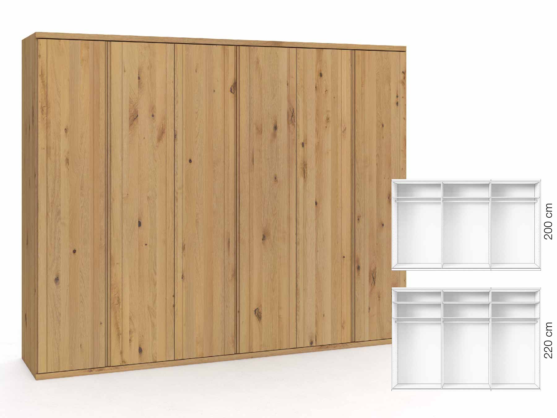 Wildeichenschrank Hell „Egon“, 6-türig, Höhe 220 cm, Griffausführung „Patrizia“, Inneneinrichtung: A