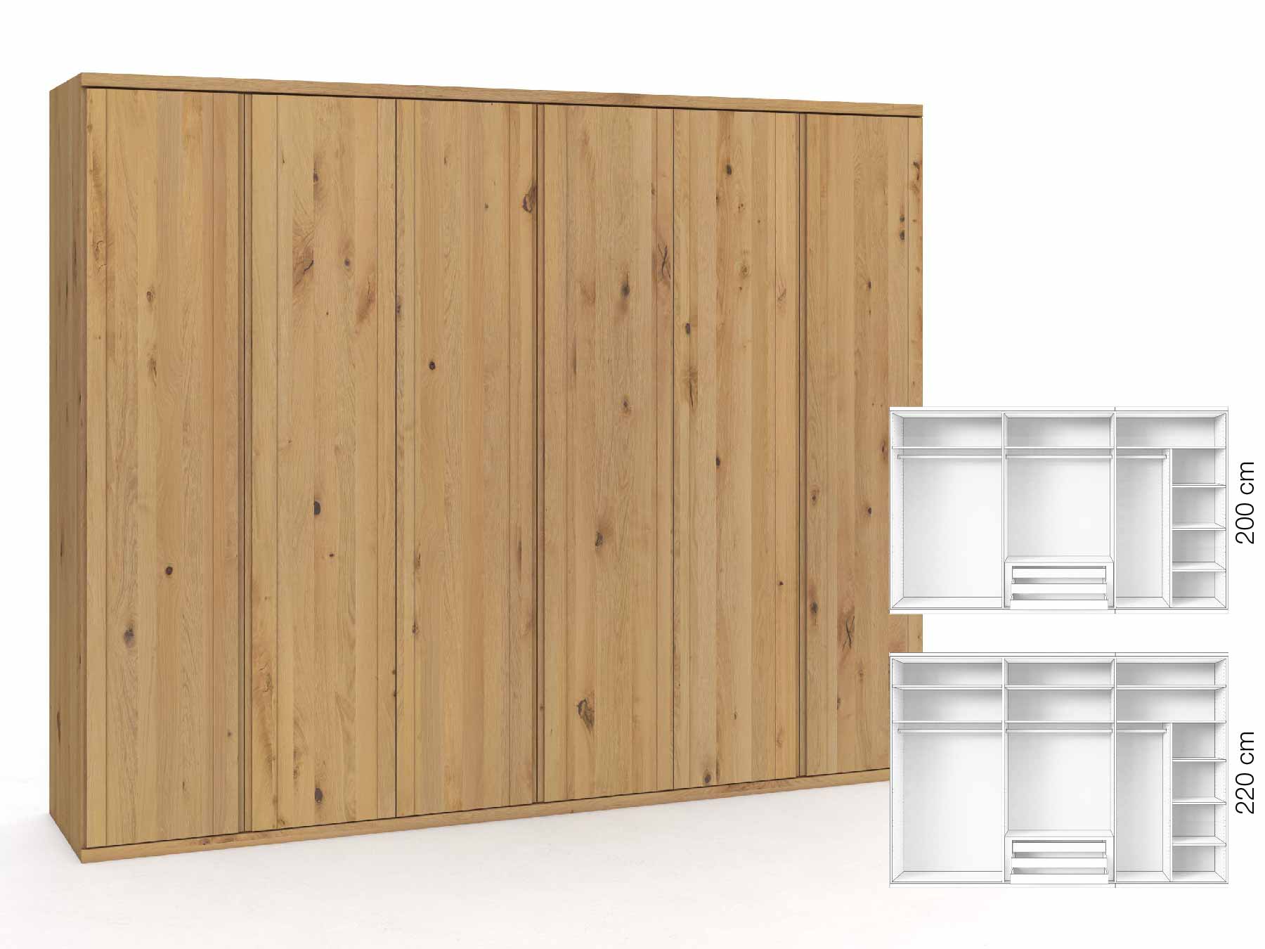Wildeichenschrank Hell „Egon“, 6-türig, Höhe 220 cm, Griffausführung „Patrizia“, Inneneinrichtung: B