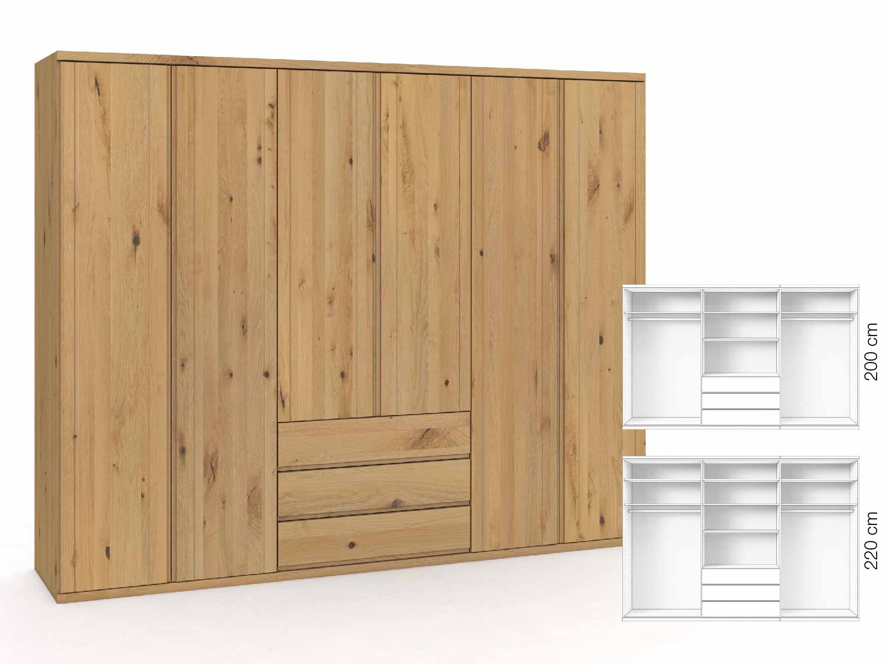 Wildeichenschrank Hell „Egon“, 6-türig, Höhe 220 cm, Griffausführung „Patrizia“, Inneneinrichtung: D