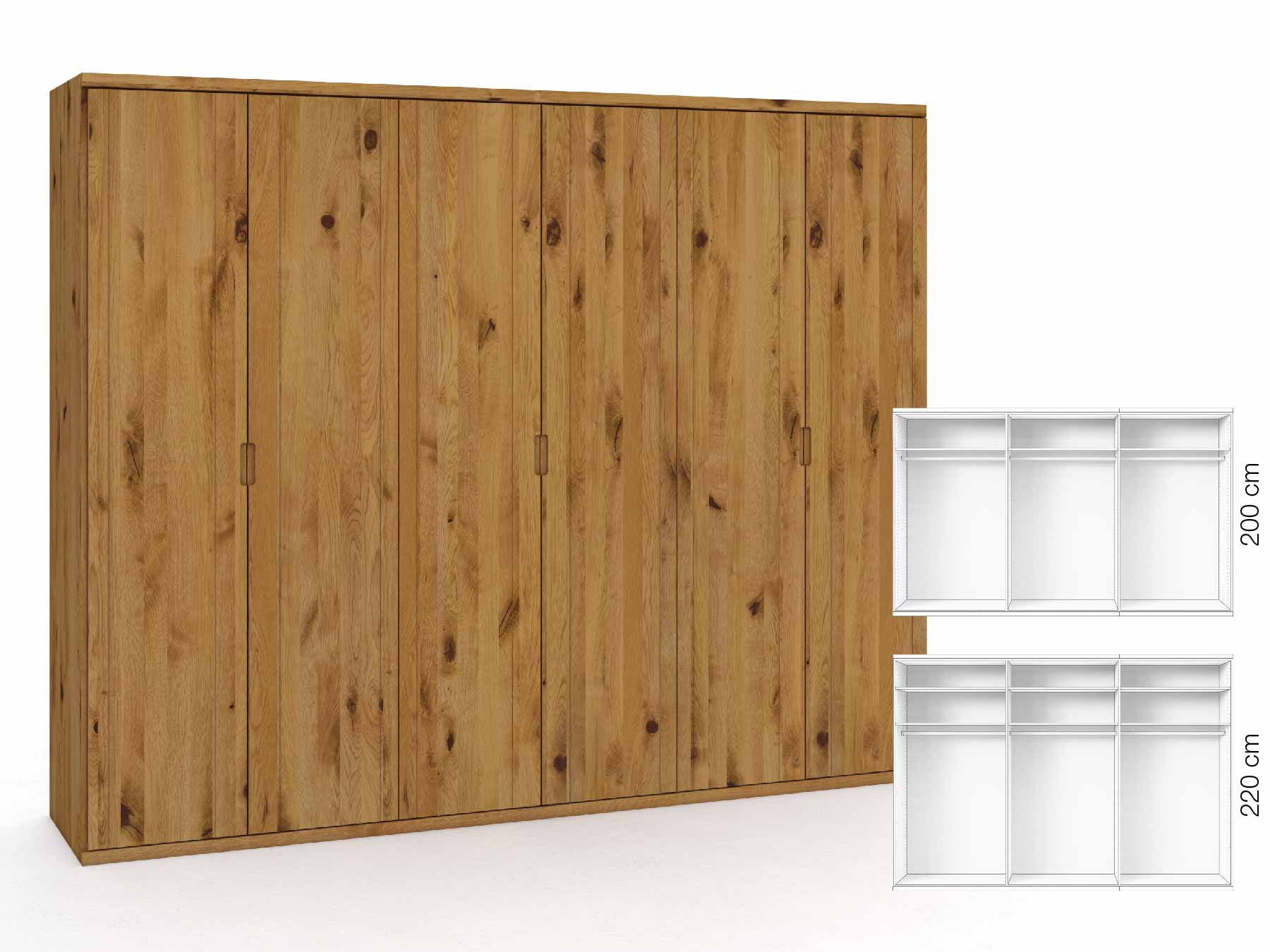 Wildeichenschrank „Egon“, 6-türig, Höhe 220 cm, Griffausführung „Lukas“, Inneneinrichtung: A
