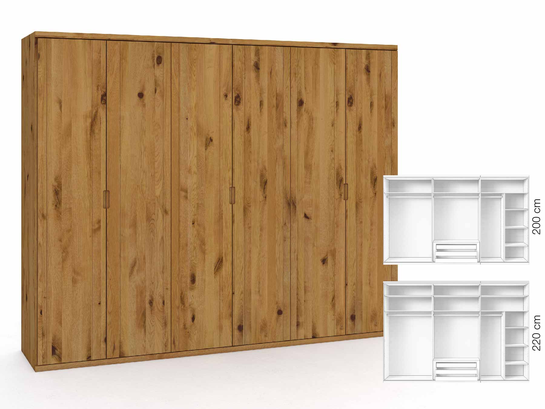 Wildeichenschrank „Egon“, 6-türig, Höhe 220 cm, Griffausführung „Lukas“, Inneneinrichtung: B