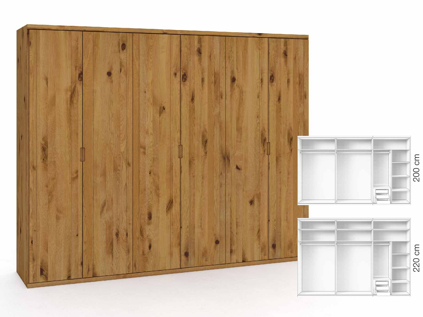 Wildeichenschrank „Egon“, 6-türig, Höhe 220 cm, Griffausführung „Lukas“, Inneneinrichtung: C