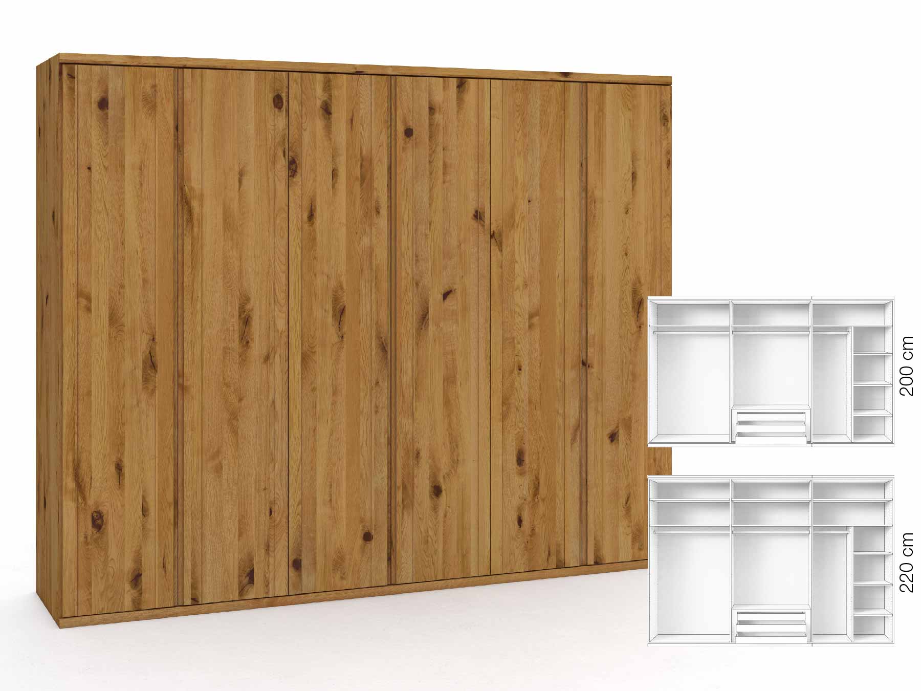 Wildeichenschrank „Egon“, 6-türig, Höhe 220 cm, Griffausführung „Patrizia“, Inneneinrichtung: B