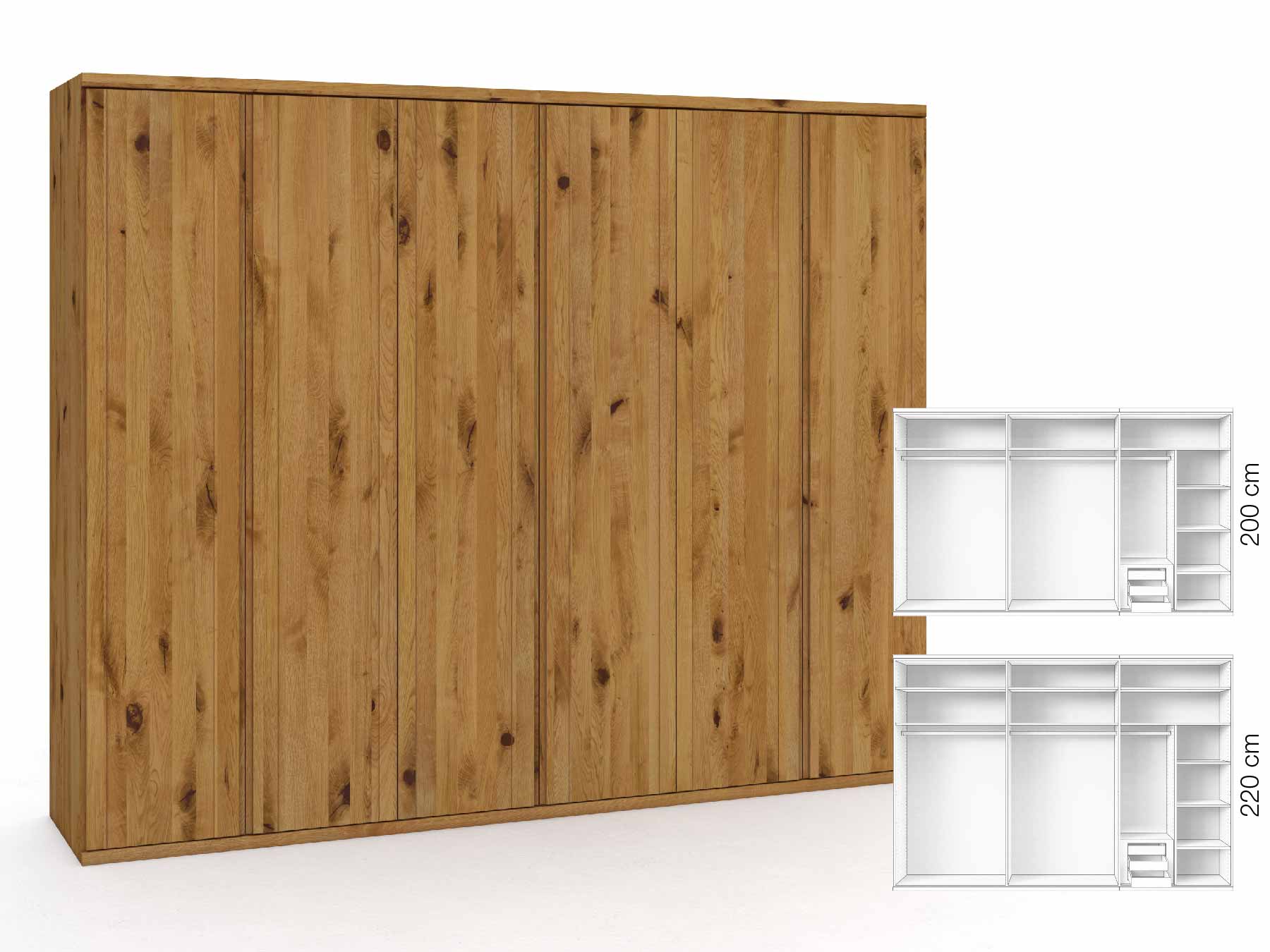 Wildeichenschrank „Egon“, 6-türig, Höhe 220 cm, Griffausführung „Patrizia“, Inneneinrichtung: C