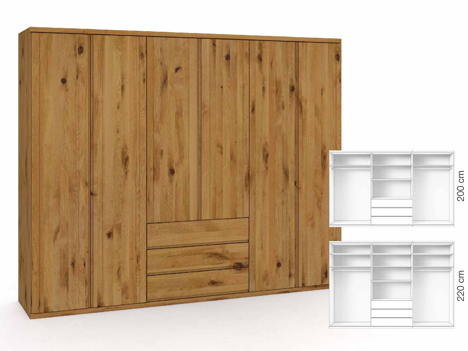 Wildeichenschrank „Egon“, 6-türig, Höhe 220 cm, Griffausführung „Patrizia“, Inneneinrichtung: D