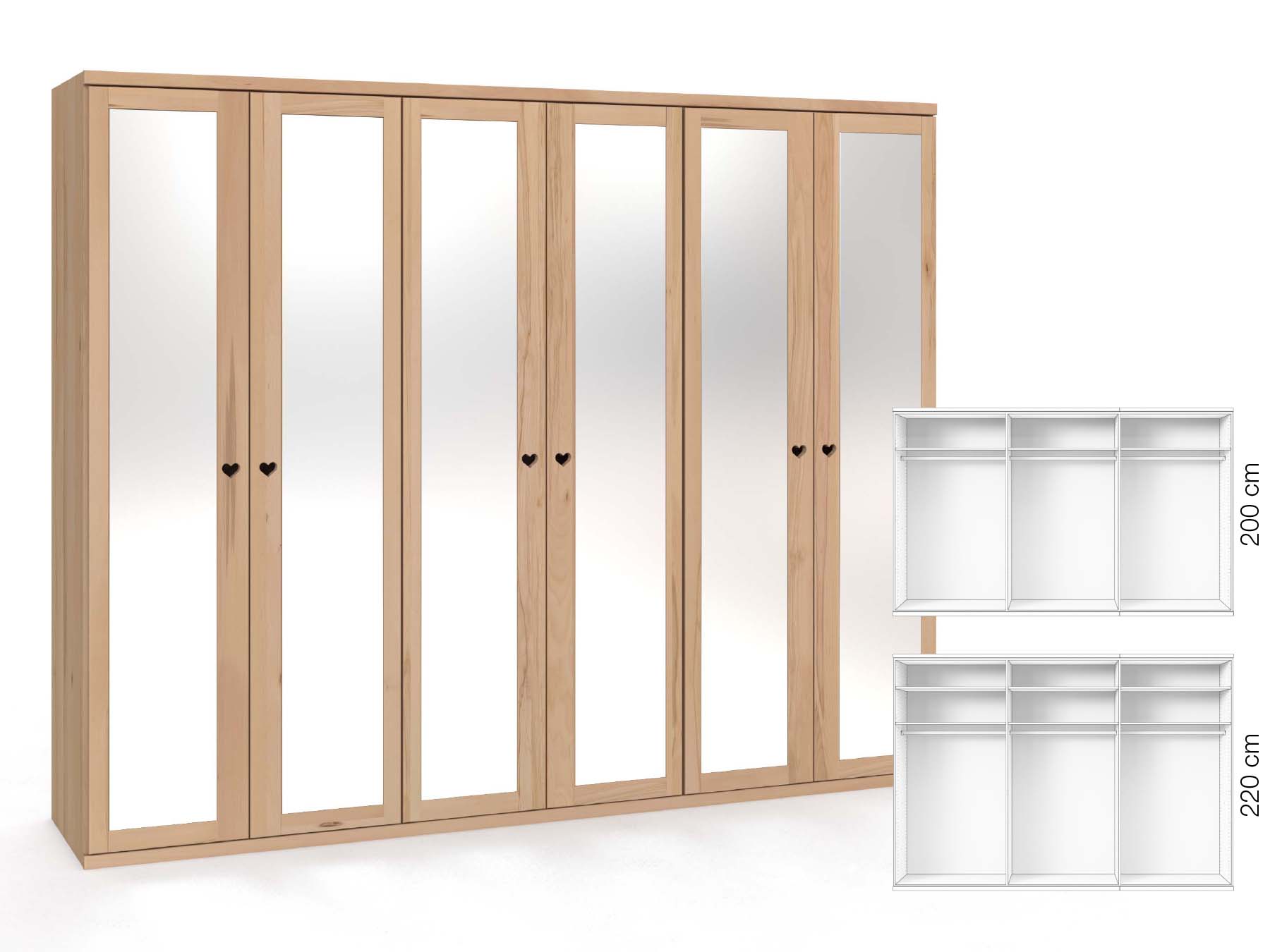 Buchenschrank „Sandra“, 6-türig, Höhe 220 cm, Griffausführung „Heidi“, Inneneinrichtung: A