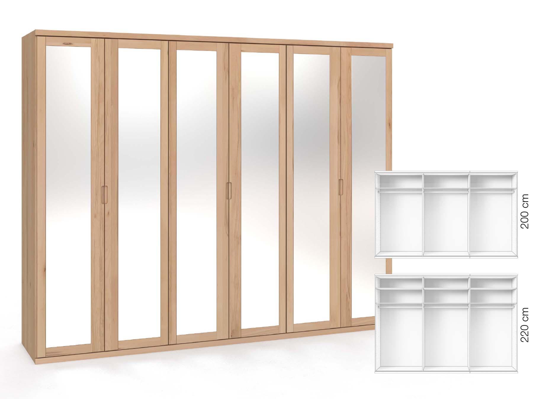 Buchenschrank „Sandra“, 6-türig, Höhe 220 cm, Griffausführung „Lukas“, Inneneinrichtung: A
